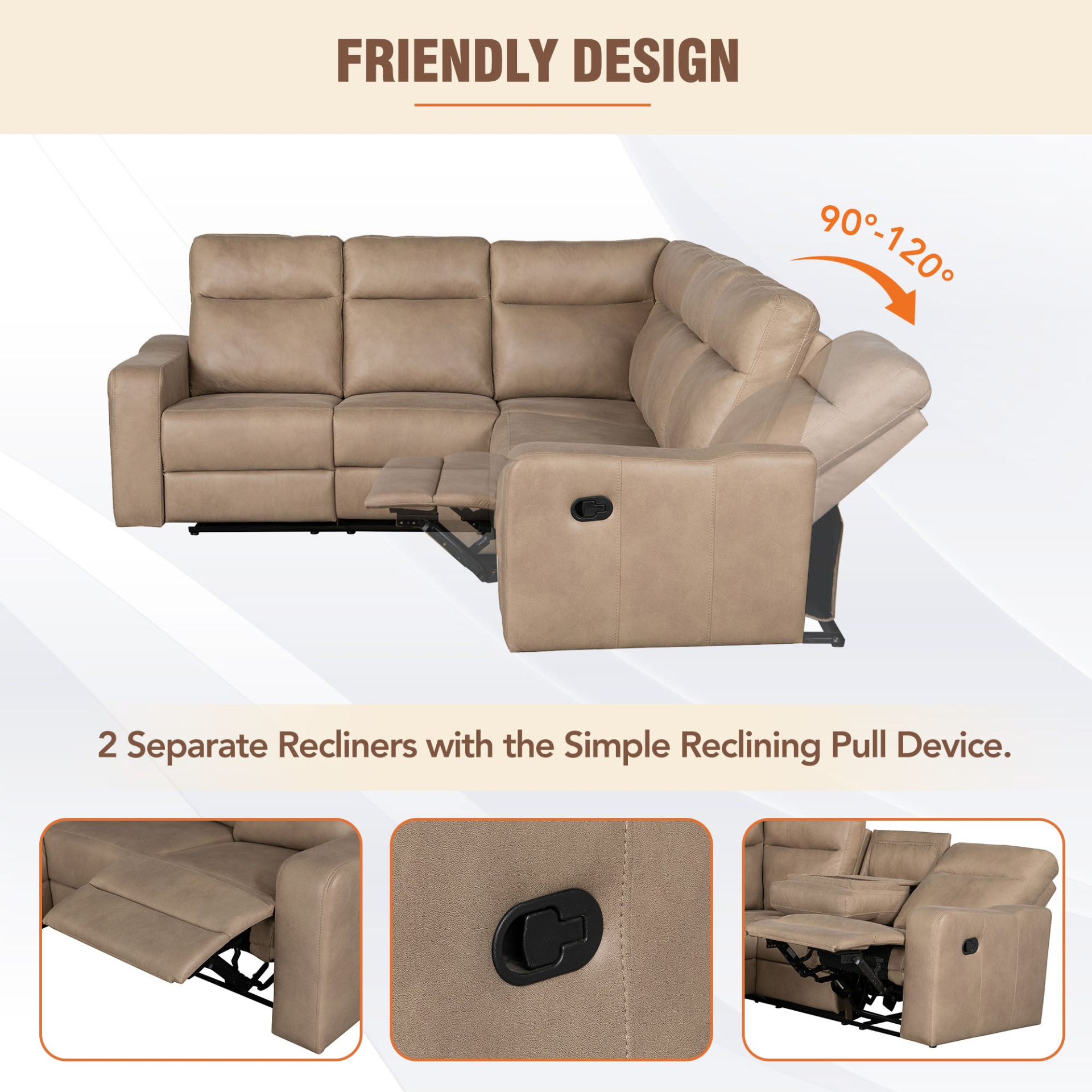 87.5" Manual Reclining Home Theater Seating Recliner Chair Sofa with Flipped Middle Backrest, 2 Cup Holders - Light Brown Sensual Secret Boutique