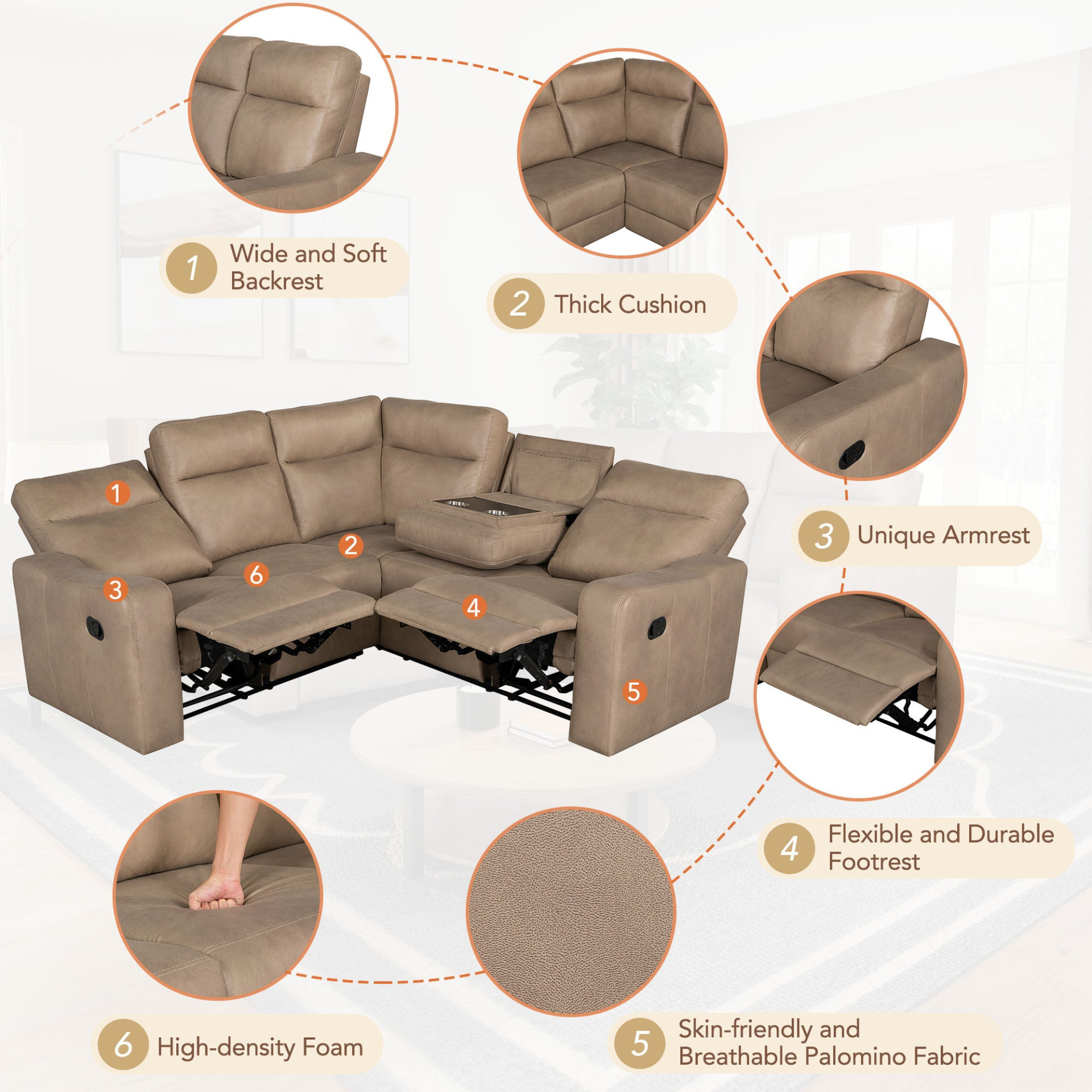 87.5" Manual Reclining Home Theater Seating Recliner Chair Sofa with Flipped Middle Backrest, 2 Cup Holders - Light Brown Sensual Secret Boutique