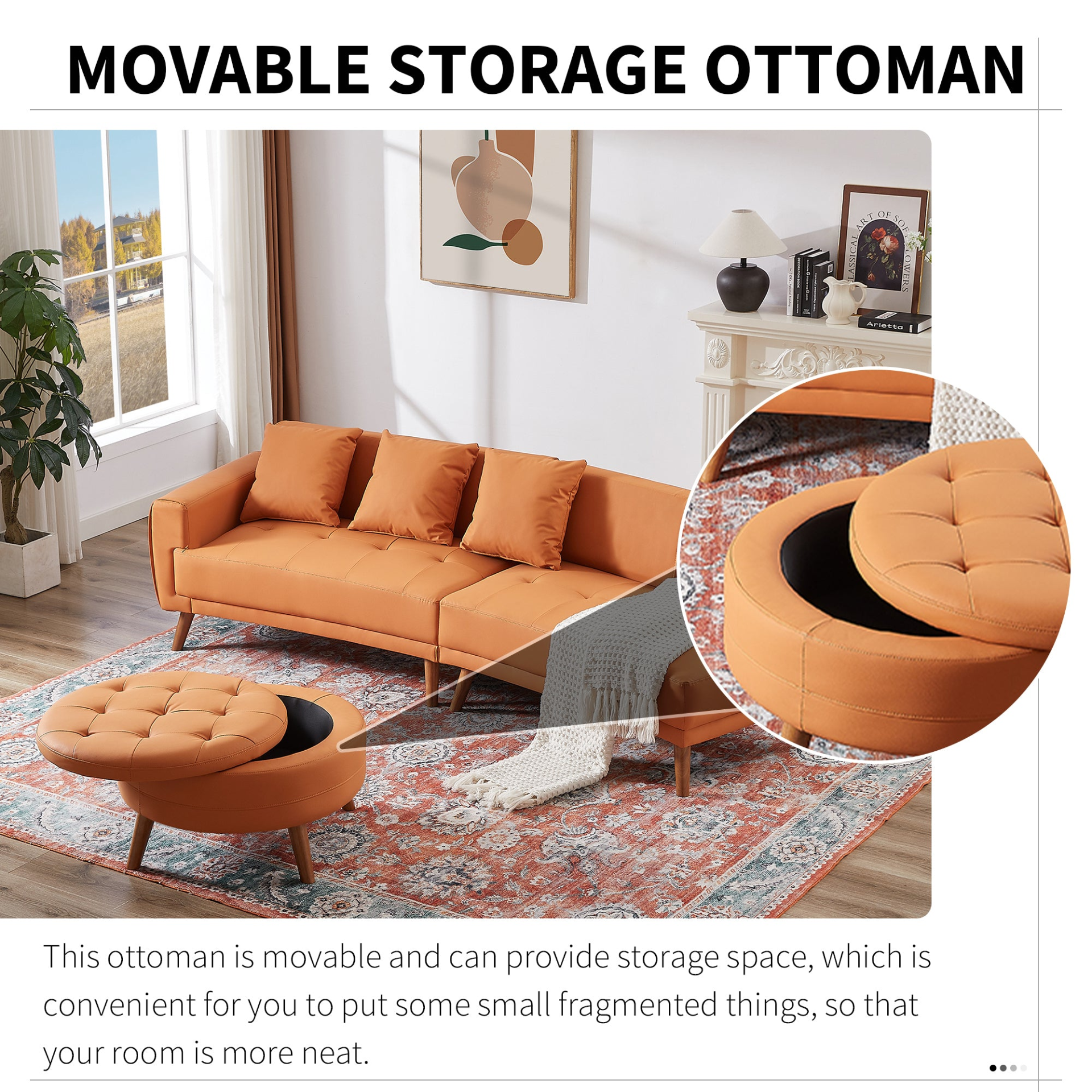 107" Contemporary Sofa Stylish Sofa Couch with Round Storage Ottoman and Three Removable Pillows, Orange Sensual Secret Boutique