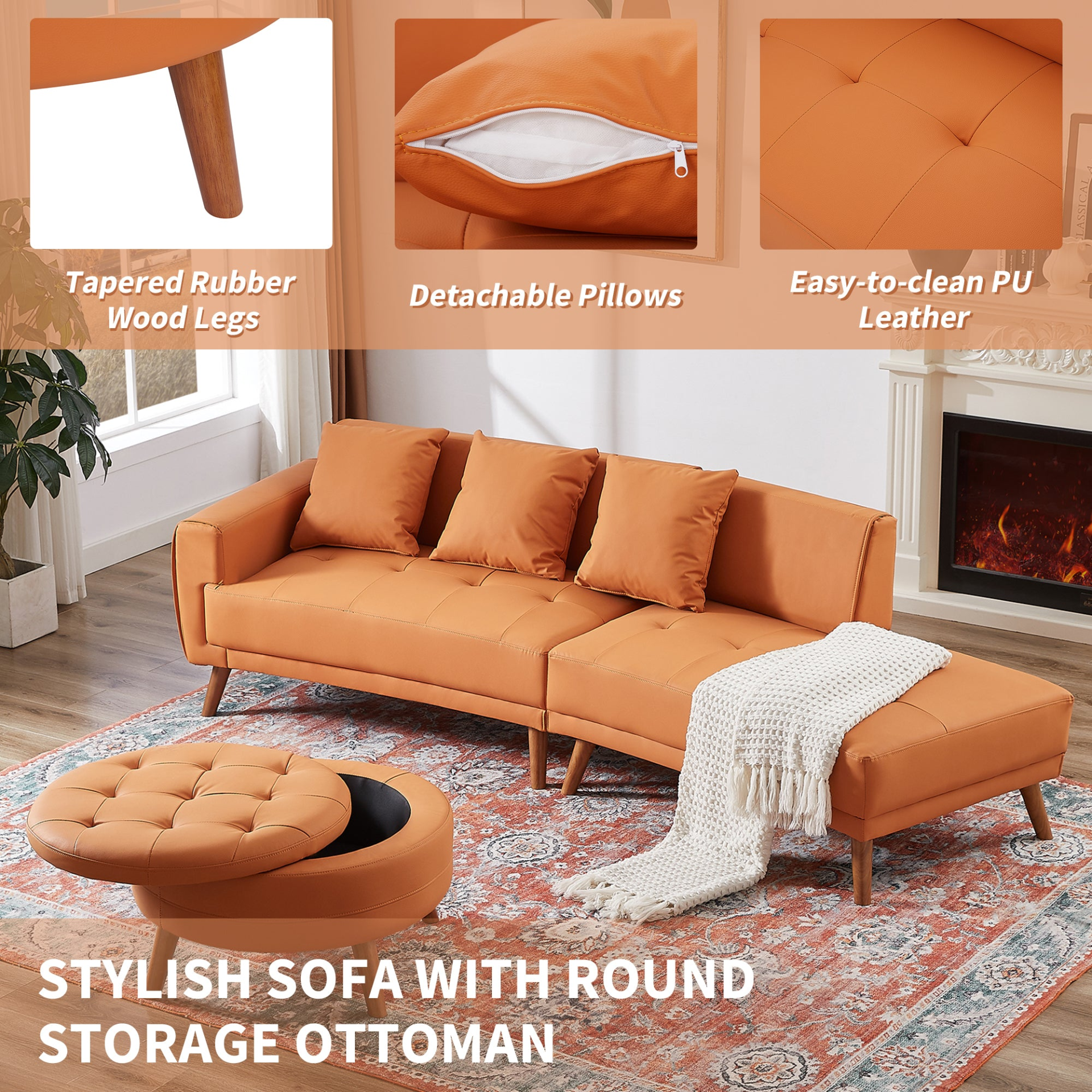 107" Contemporary Sofa Stylish Sofa Couch with Round Storage Ottoman and Three Removable Pillows, Orange Sensual Secret Boutique