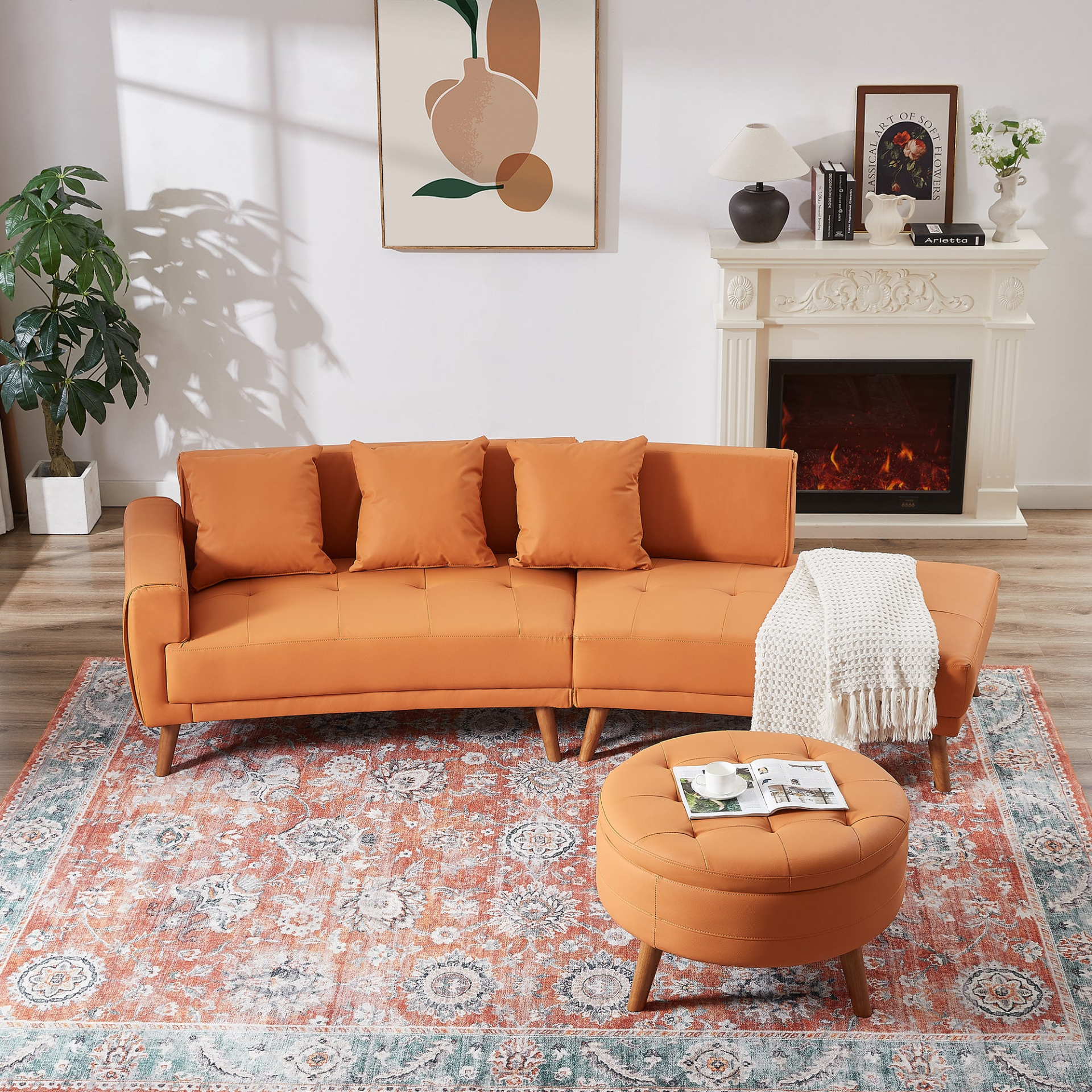 107" Contemporary Sofa Stylish Sofa Couch with Round Storage Ottoman and Three Removable Pillows, Orange Sensual Secret Boutique