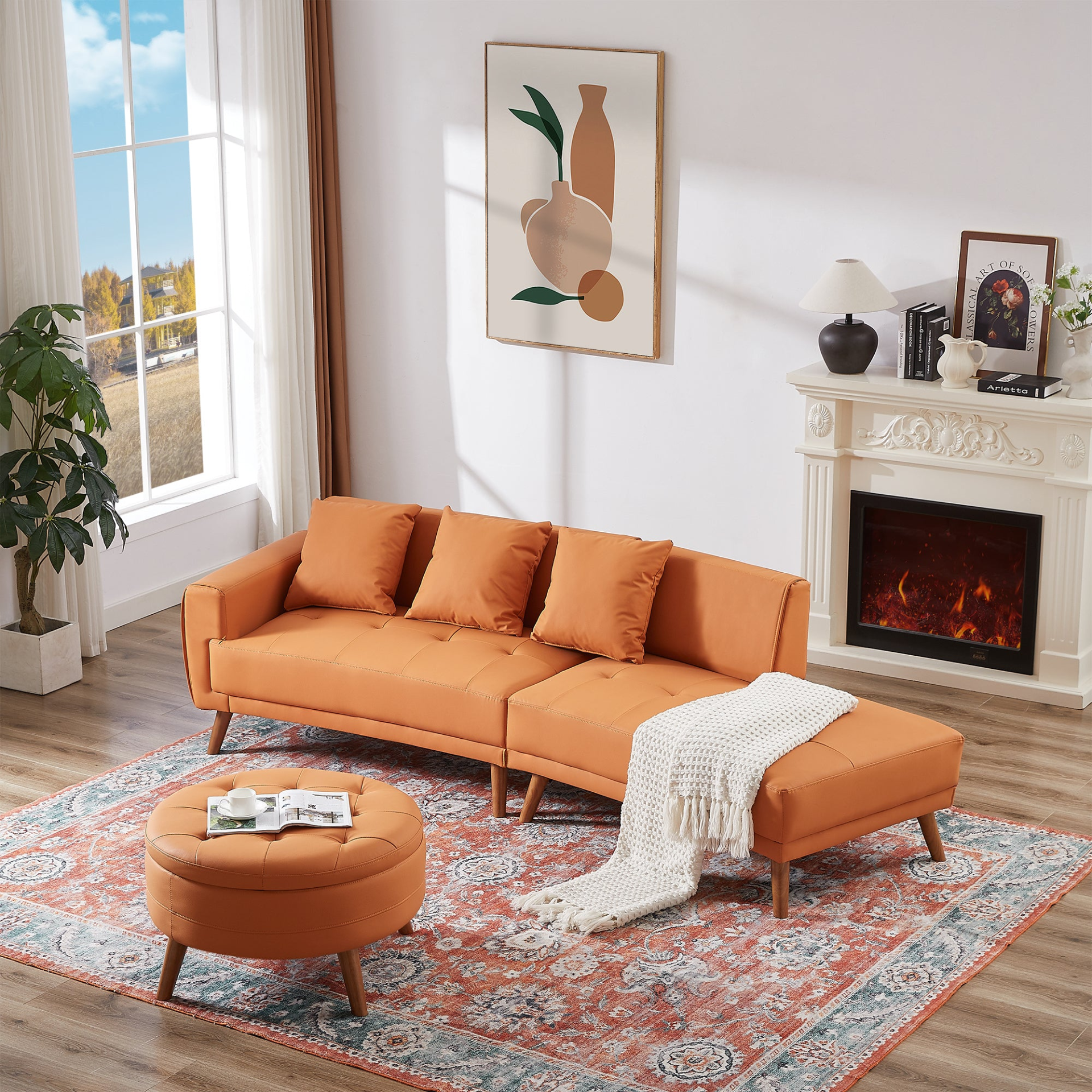 107" Contemporary Sofa Stylish Sofa Couch with Round Storage Ottoman and Three Removable Pillows, Orange Sensual Secret Boutique