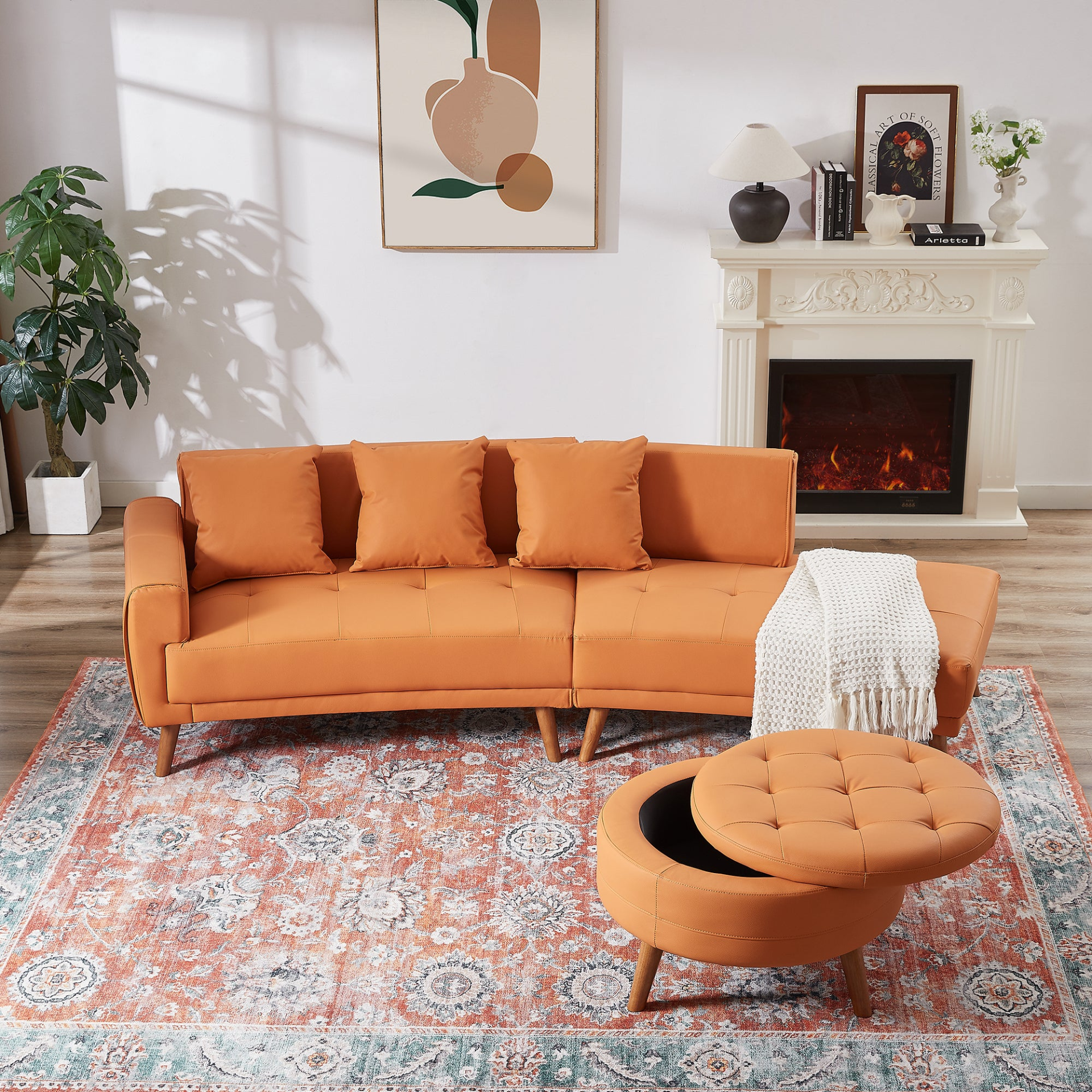 107" Contemporary Sofa Stylish Sofa Couch with Round Storage Ottoman and Three Removable Pillows, Orange Sensual Secret Boutique