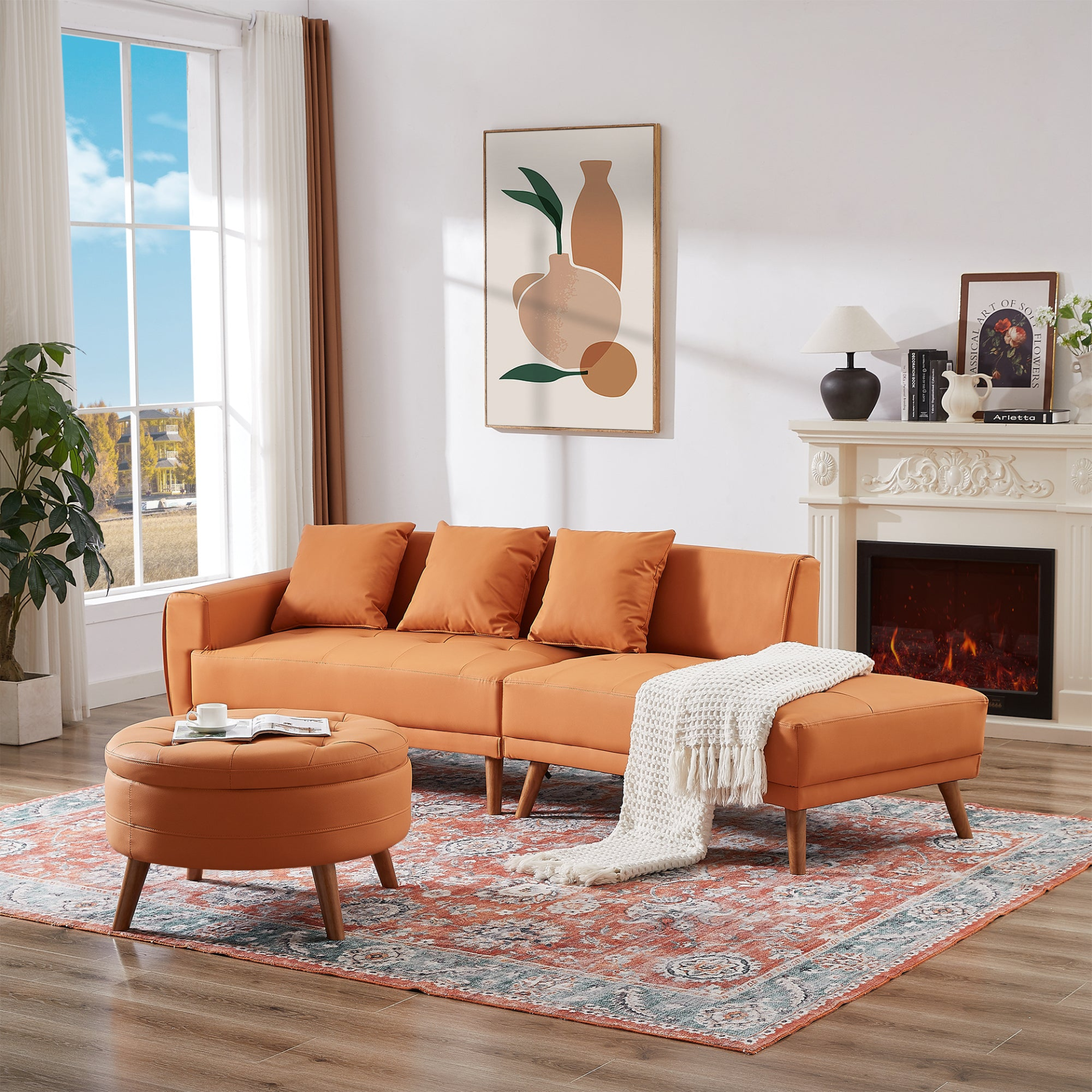 107" Contemporary Sofa Stylish Sofa Couch with Round Storage Ottoman and Three Removable Pillows, Orange Sensual Secret Boutique