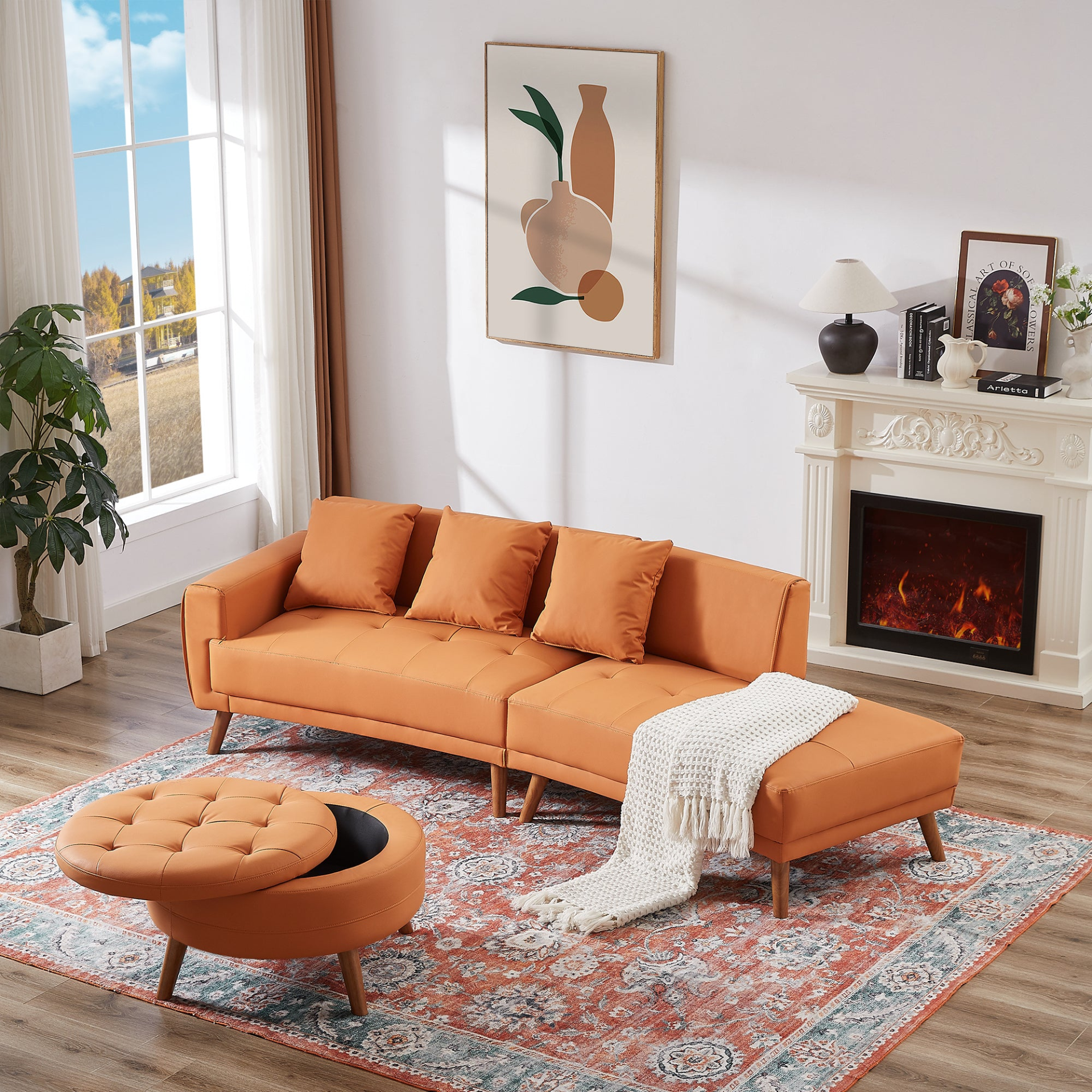 107" Contemporary Sofa Stylish Sofa Couch with Round Storage Ottoman and Three Removable Pillows, Orange Sensual Secret Boutique