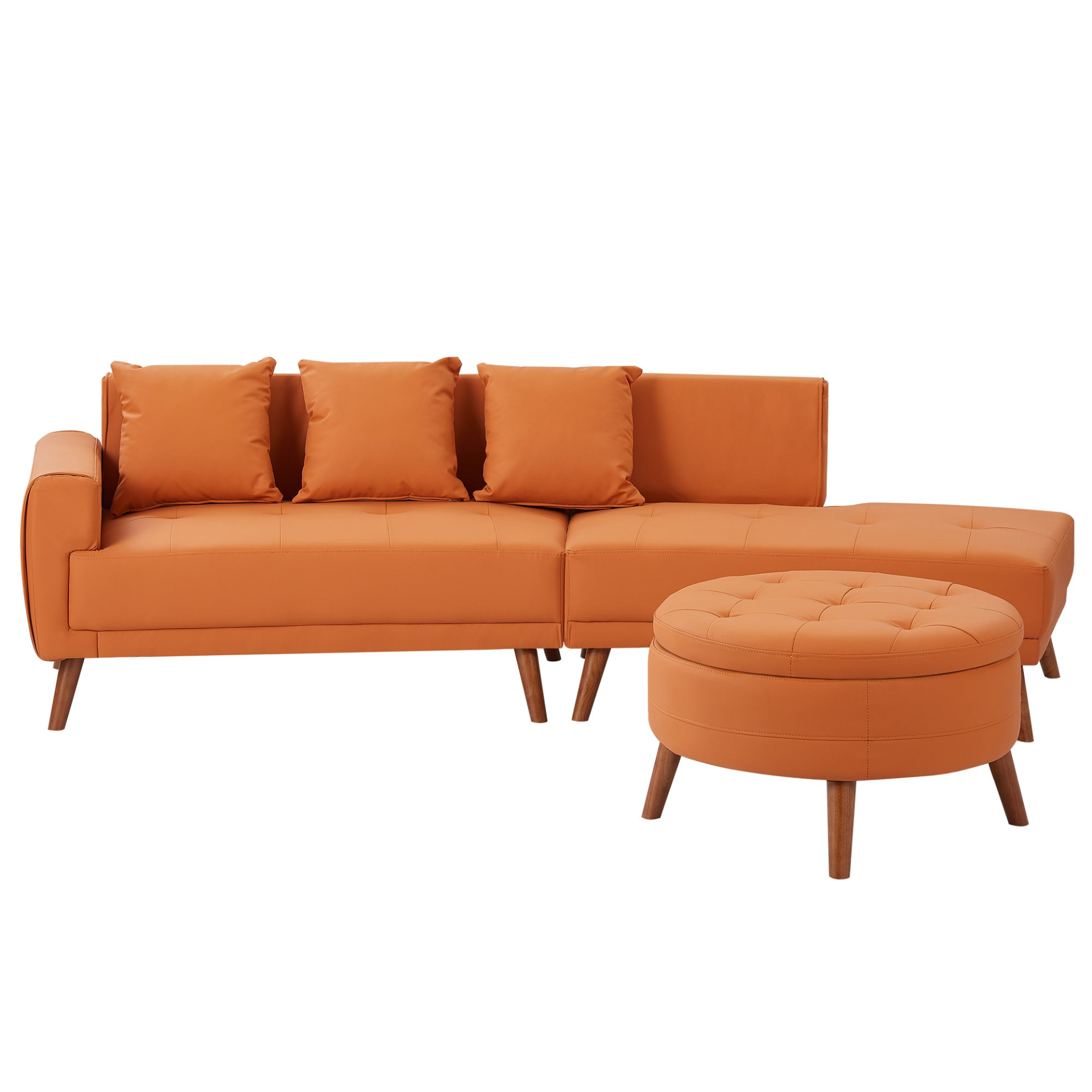 107" Contemporary Sofa Stylish Sofa Couch with Round Storage Ottoman and Three Removable Pillows, Orange Sensual Secret Boutique