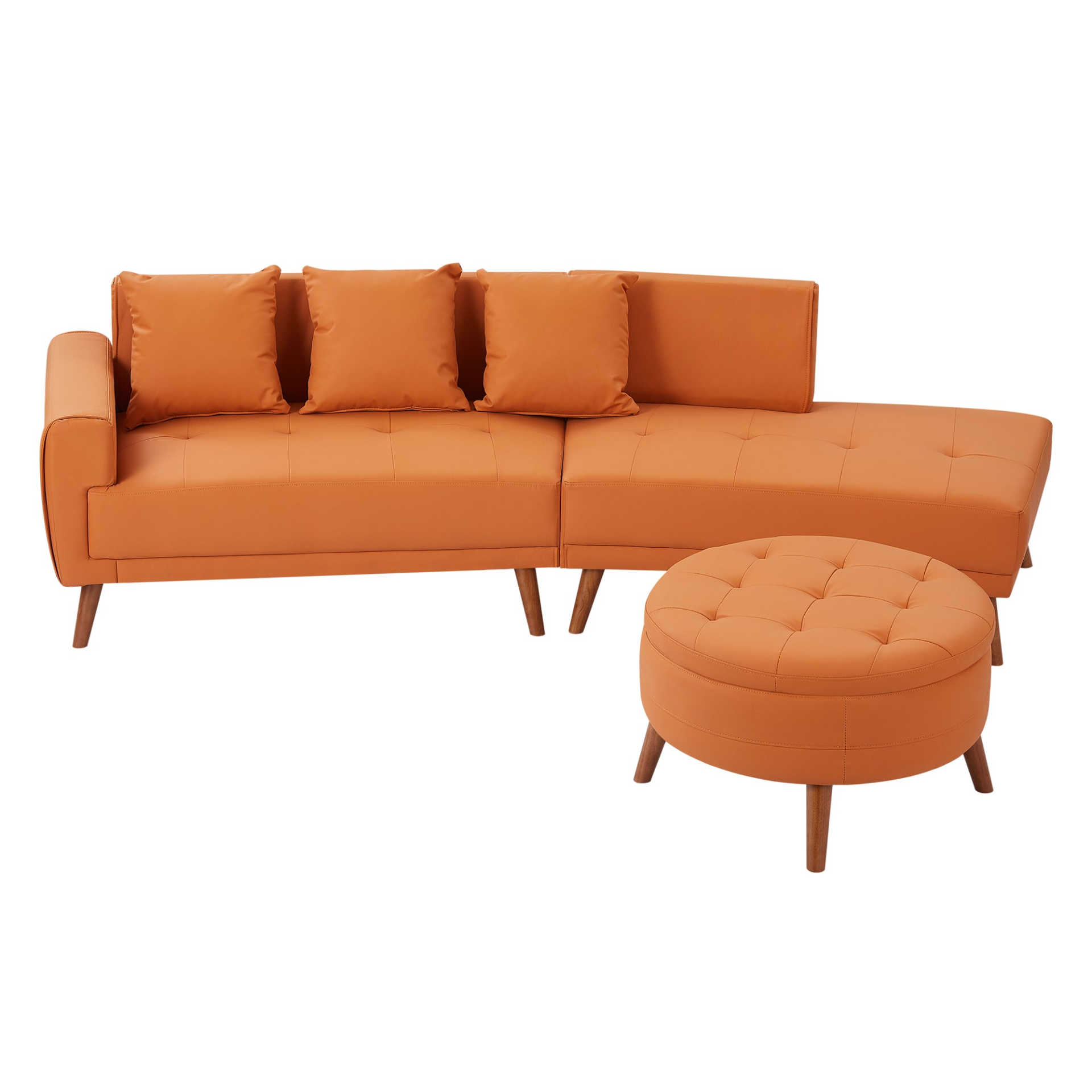 107" Contemporary Sofa Stylish Sofa Couch with Round Storage Ottoman and Three Removable Pillows, Orange Sensual Secret Boutique