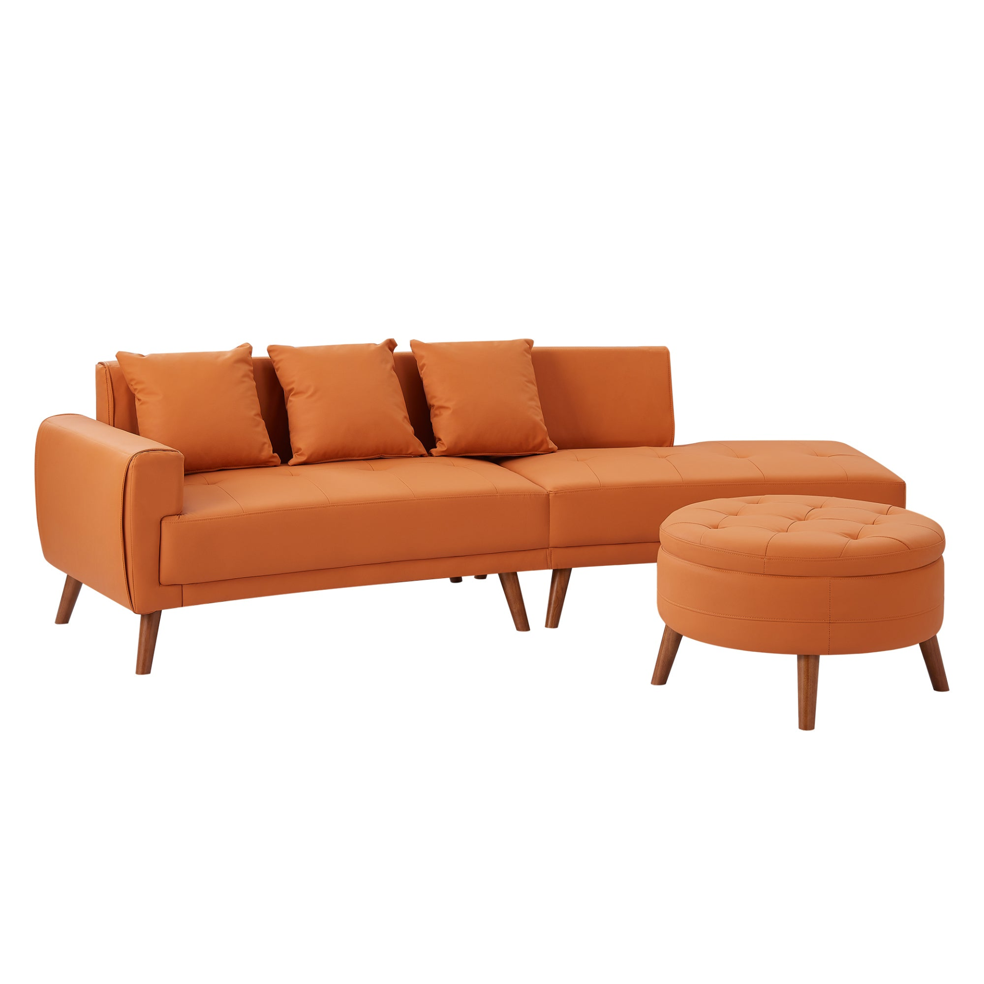 107" Contemporary Sofa Stylish Sofa Couch with Round Storage Ottoman and Three Removable Pillows, Orange Sensual Secret Boutique