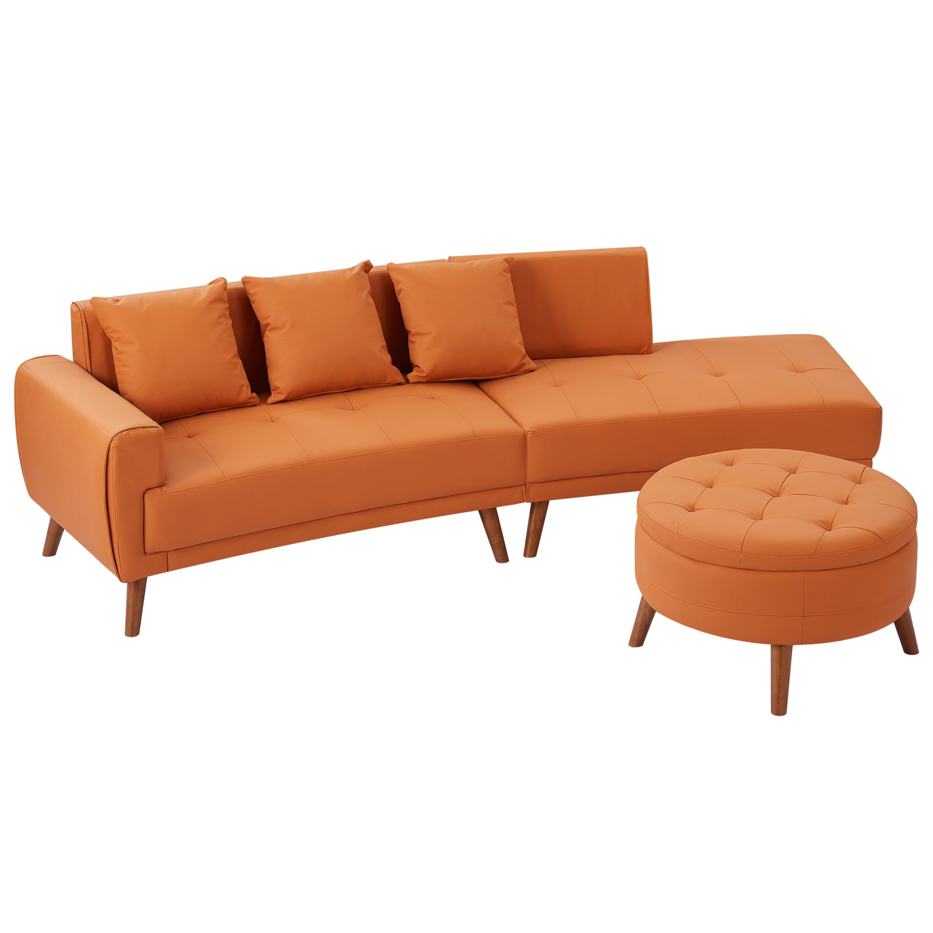 107" Contemporary Sofa Stylish Sofa Couch with Round Storage Ottoman and Three Removable Pillows, Orange Sensual Secret Boutique