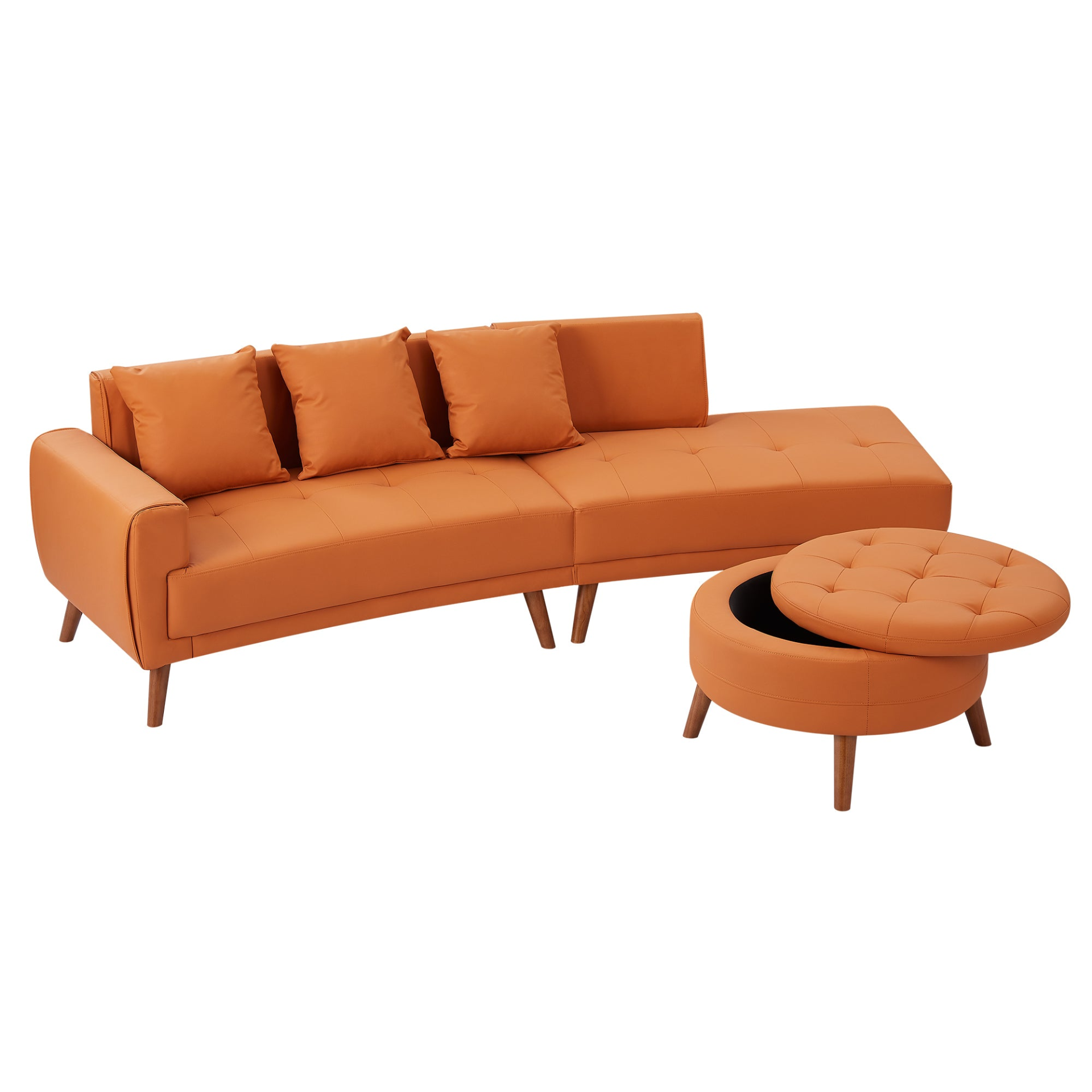 107" Contemporary Sofa Stylish Sofa Couch with Round Storage Ottoman and Three Removable Pillows, Orange Sensual Secret Boutique