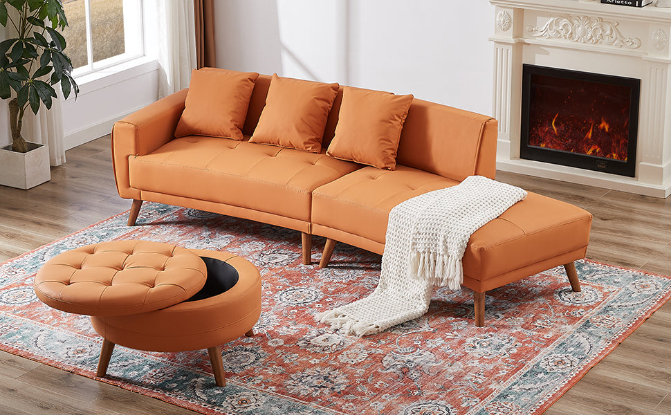 107" Contemporary Sofa Stylish Sofa Couch with Round Storage Ottoman and Three Removable Pillows, Orange Sensual Secret Boutique