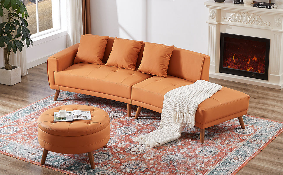 107" Contemporary Sofa Stylish Sofa Couch with Round Storage Ottoman and Three Removable Pillows, Orange Sensual Secret Boutique