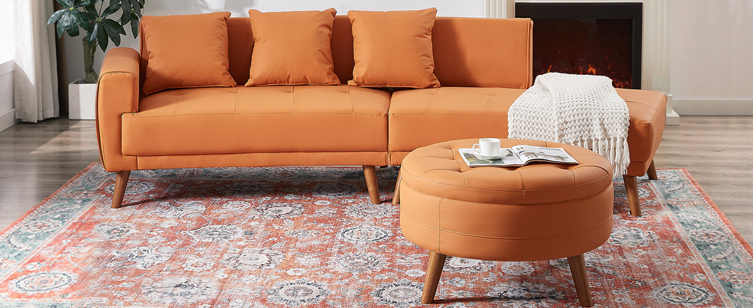 107" Contemporary Sofa Stylish Sofa Couch with Round Storage Ottoman and Three Removable Pillows, Orange Sensual Secret Boutique