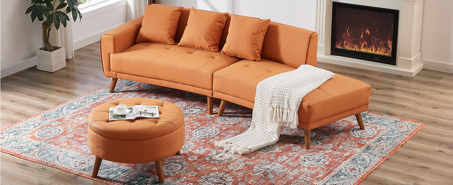 107" Contemporary Sofa Stylish Sofa Couch with Round Storage Ottoman and Three Removable Pillows, Orange Sensual Secret Boutique