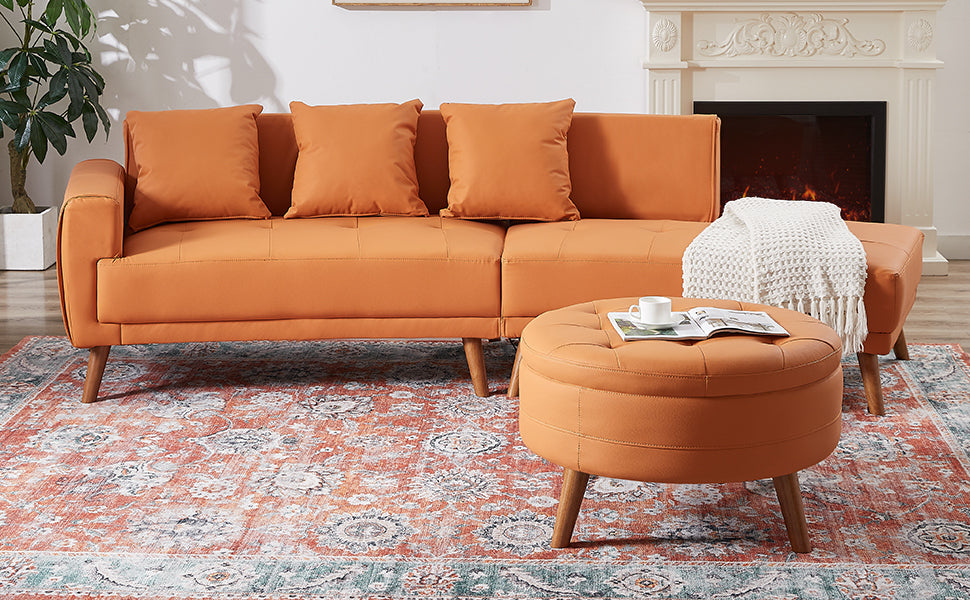 107" Contemporary Sofa Stylish Sofa Couch with Round Storage Ottoman and Three Removable Pillows, Orange Sensual Secret Boutique