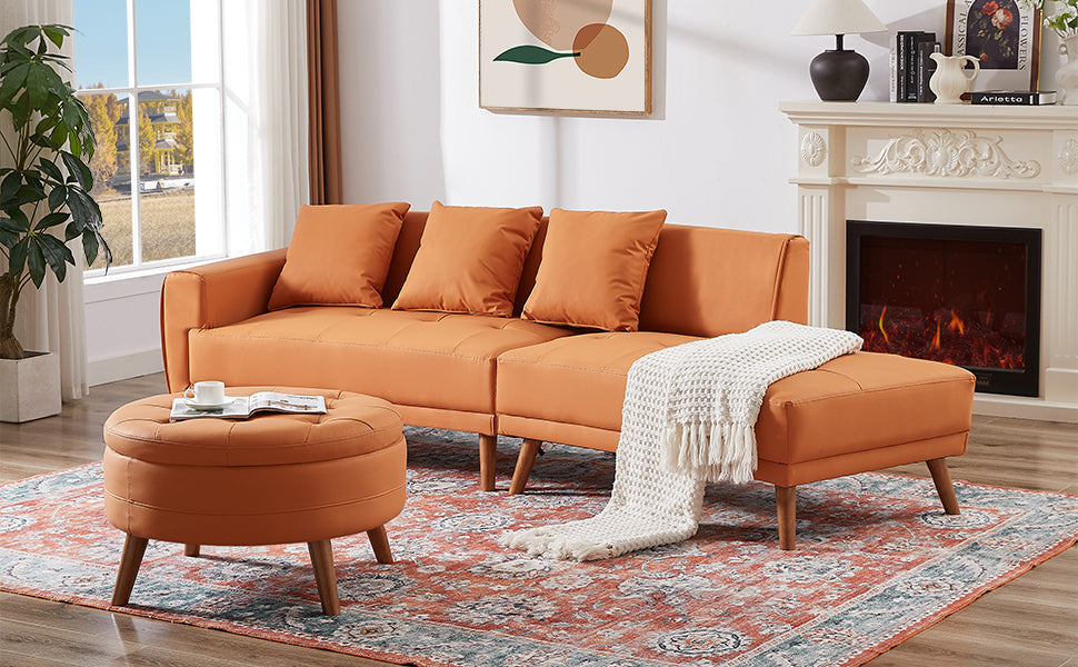 107" Contemporary Sofa Stylish Sofa Couch with Round Storage Ottoman and Three Removable Pillows, Orange Sensual Secret Boutique