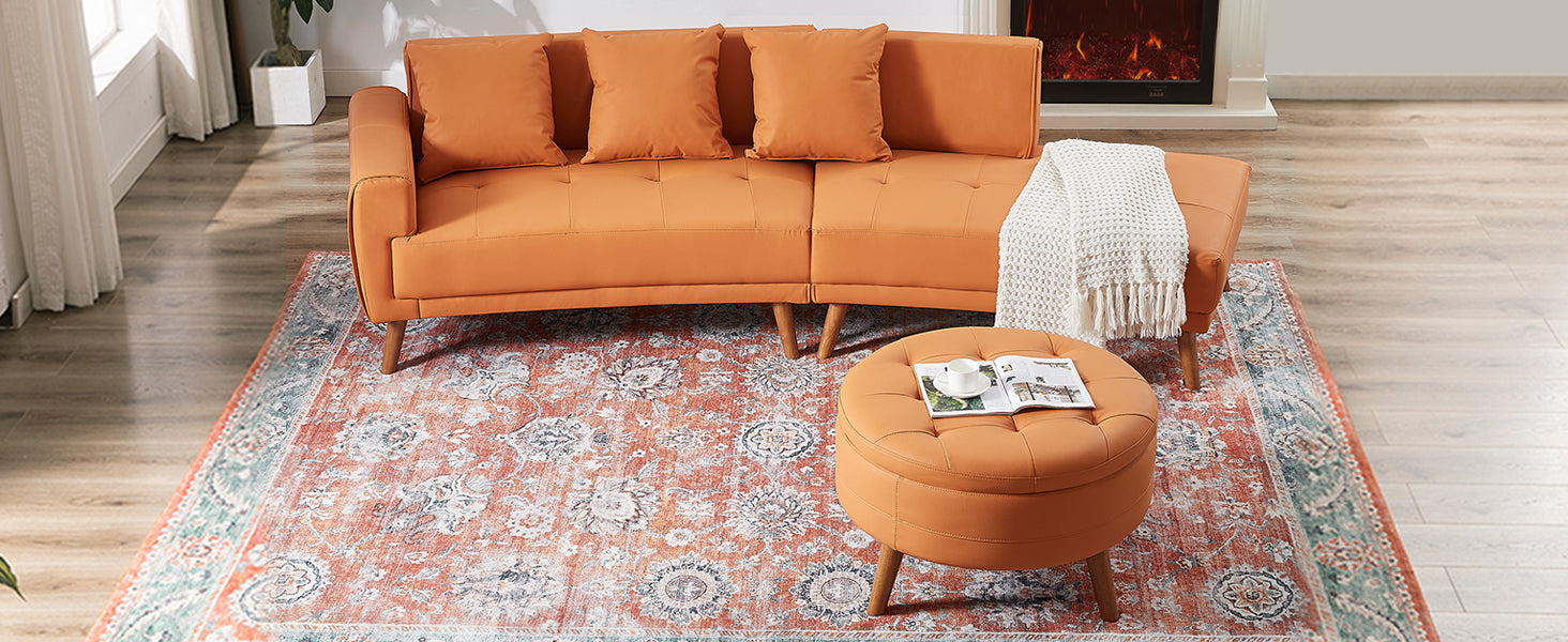 107" Contemporary Sofa Stylish Sofa Couch with Round Storage Ottoman and Three Removable Pillows, Orange Sensual Secret Boutique