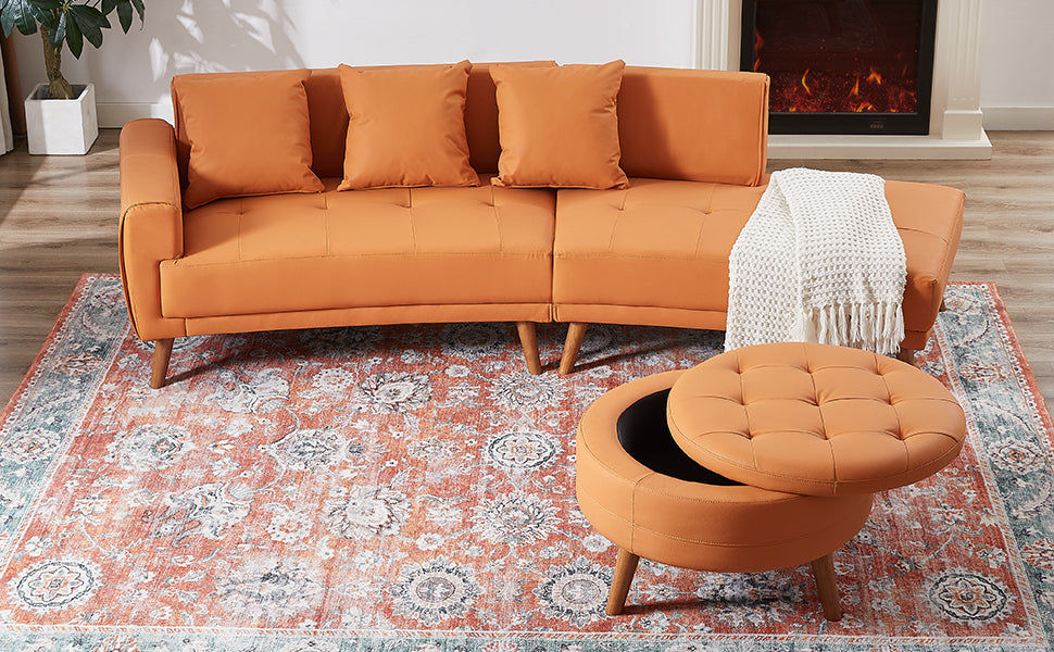 107" Contemporary Sofa Stylish Sofa Couch with Round Storage Ottoman and Three Removable Pillows, Orange Sensual Secret Boutique