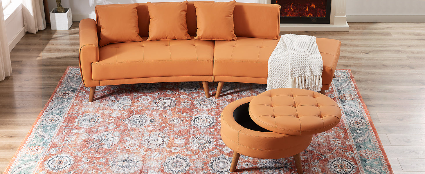 107" Contemporary Sofa Stylish Sofa Couch with Round Storage Ottoman and Three Removable Pillows, Orange Sensual Secret Boutique