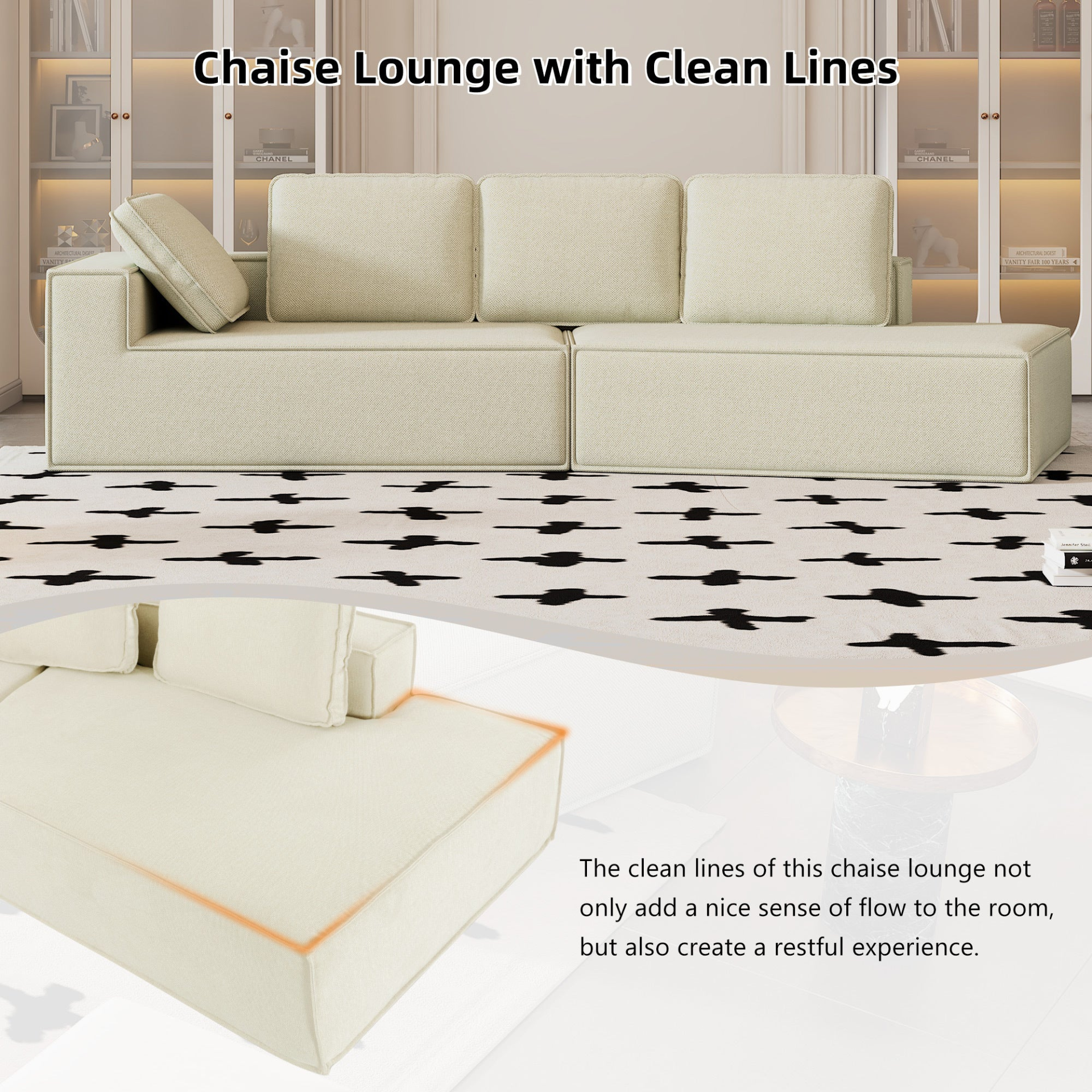 125" Stylish Chaise Lounge Modern Indoor Lounge Sofa Sleeper Sofa with Clean Lines, Beige Sensual Secret Boutique