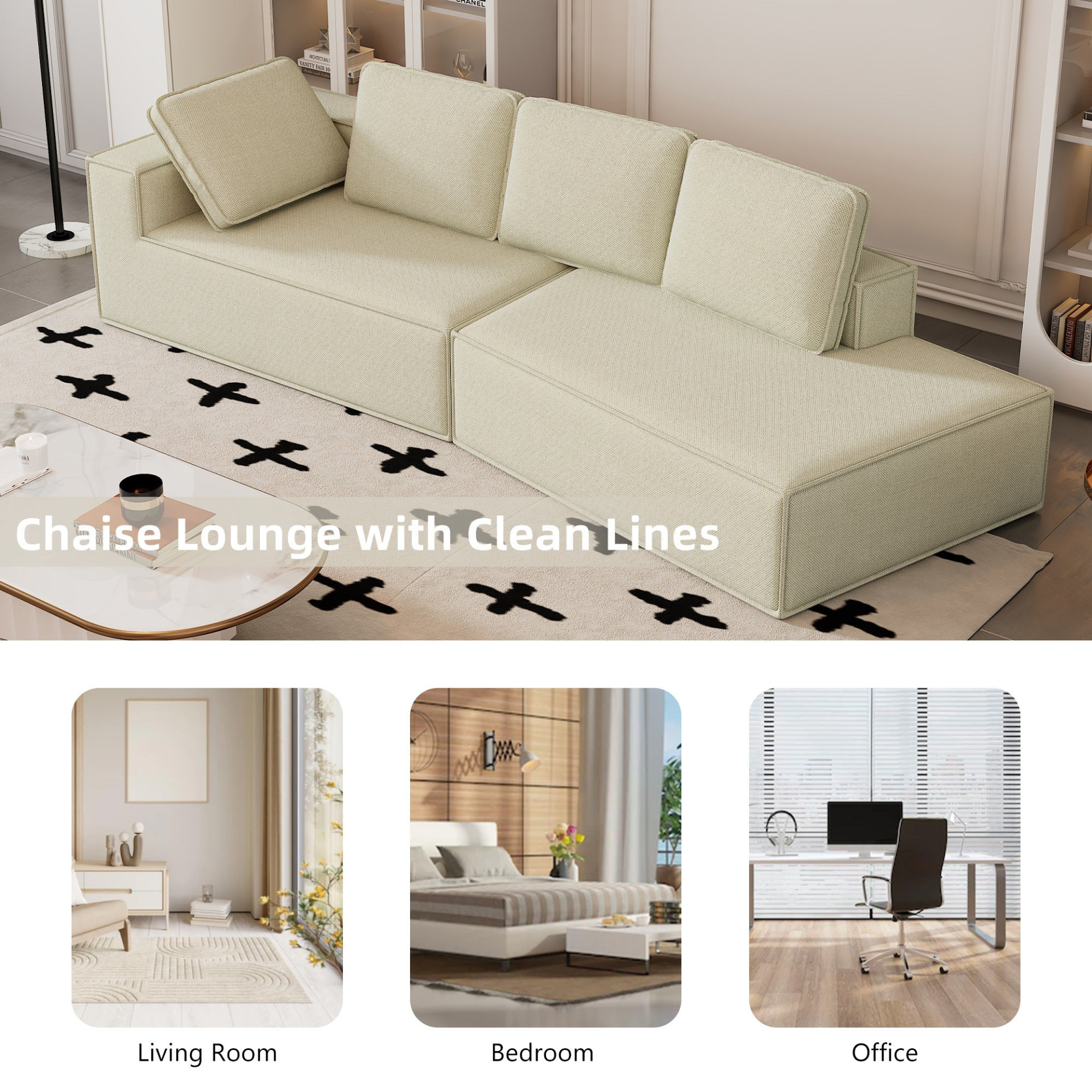 125" Stylish Chaise Lounge Modern Indoor Lounge Sofa Sleeper Sofa with Clean Lines, Beige Sensual Secret Boutique