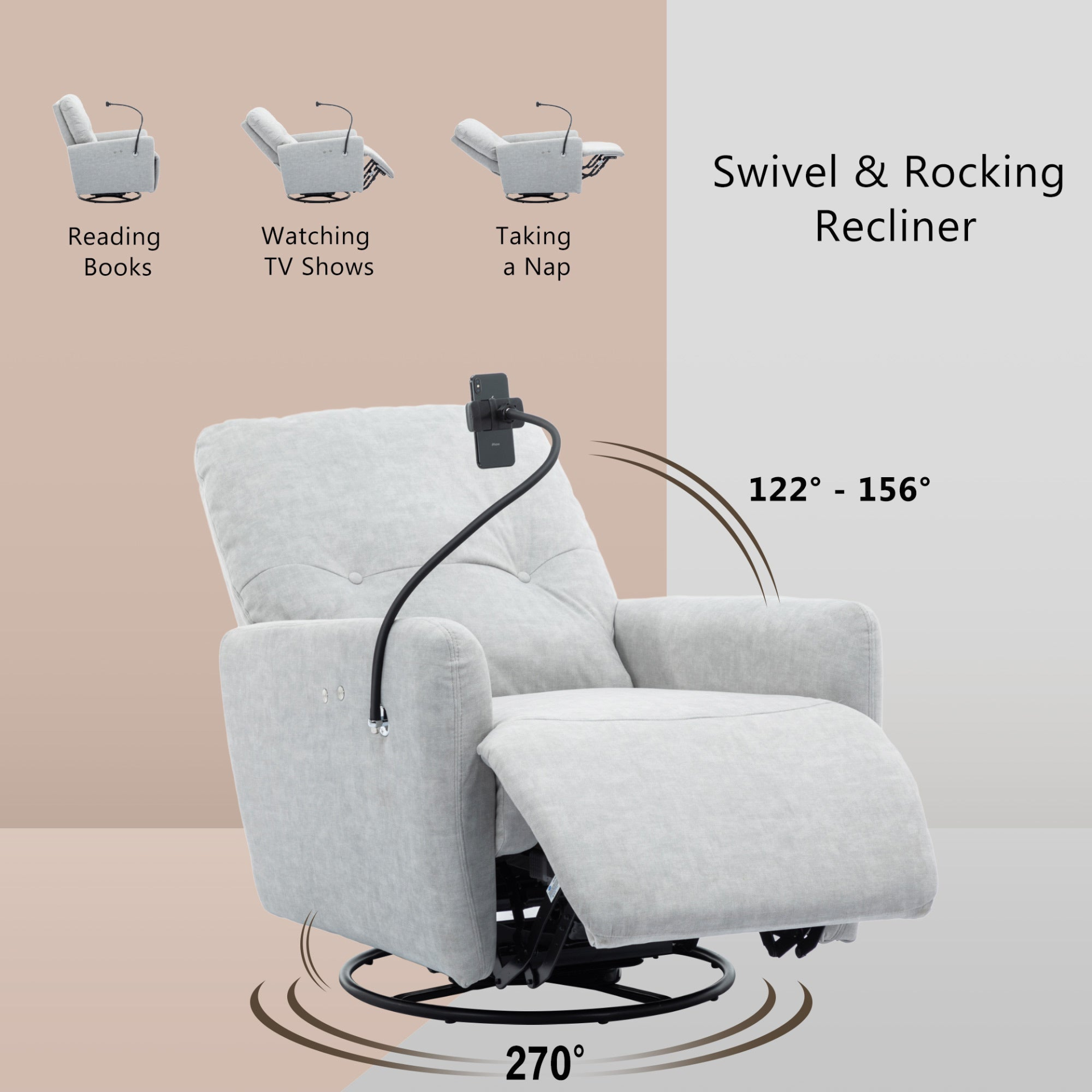 270 Degree Swivel Electric Recliner Home Theater Seating Single Reclining Sofa Rocking Motion Recliner with Phone Holder - Grey Sensual Secret Boutique