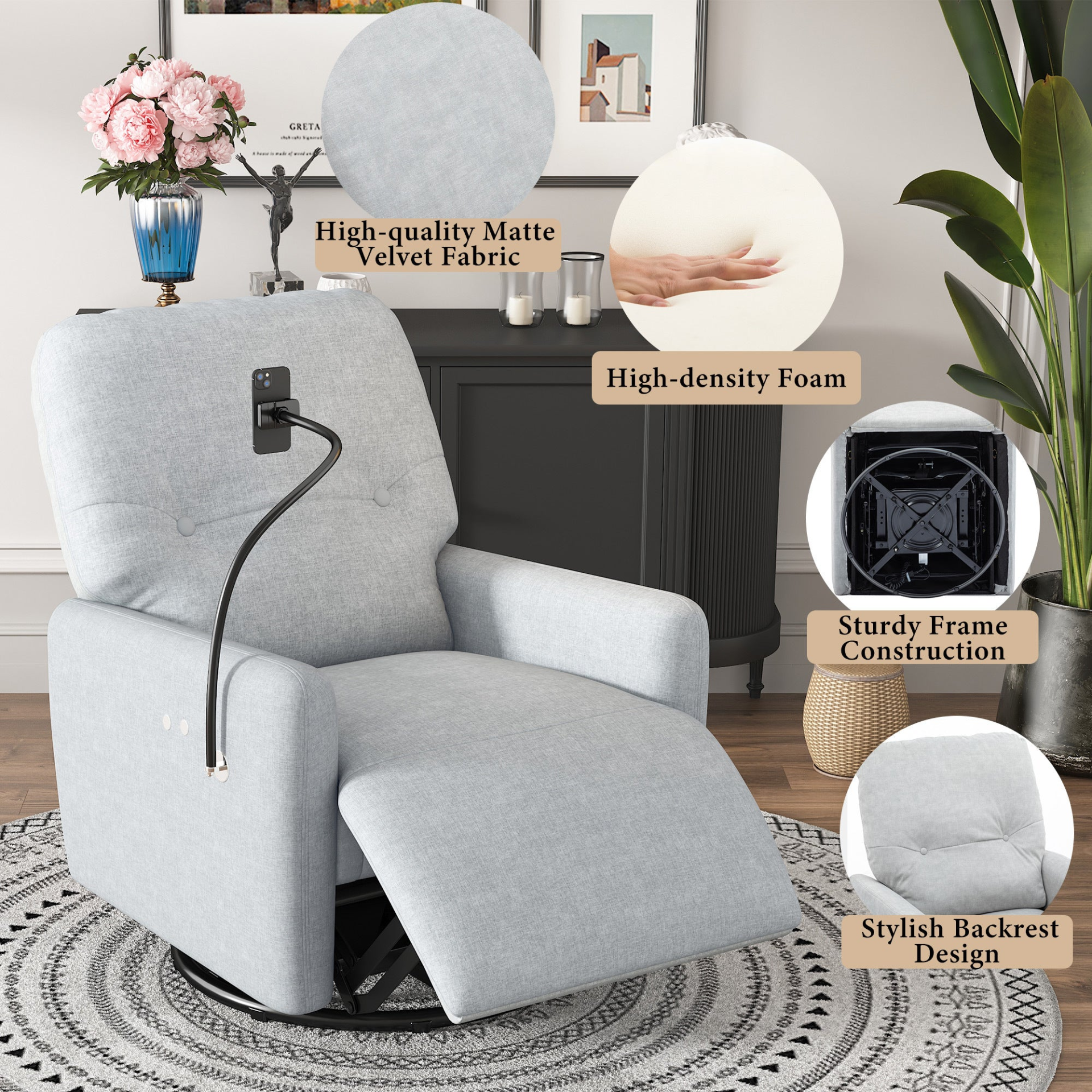 270 Degree Swivel Electric Recliner Home Theater Seating Single Reclining Sofa Rocking Motion Recliner with Phone Holder - Grey Sensual Secret Boutique