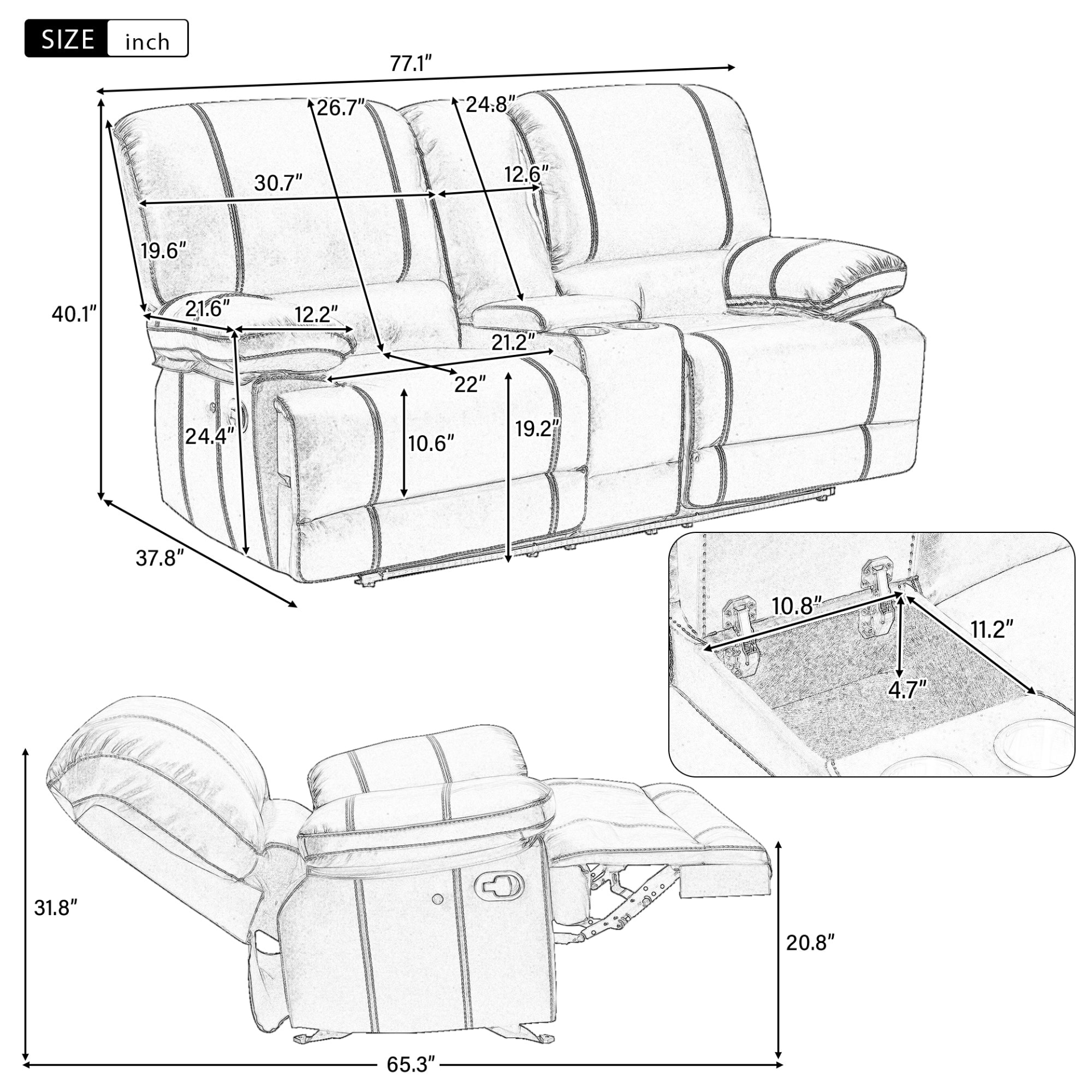 Recliner Chair Sofa Manual Reclining Home Seating Seats Movie Theater Chairs with Cup Holders and Storage Box, Brown Sensual Secret Boutique