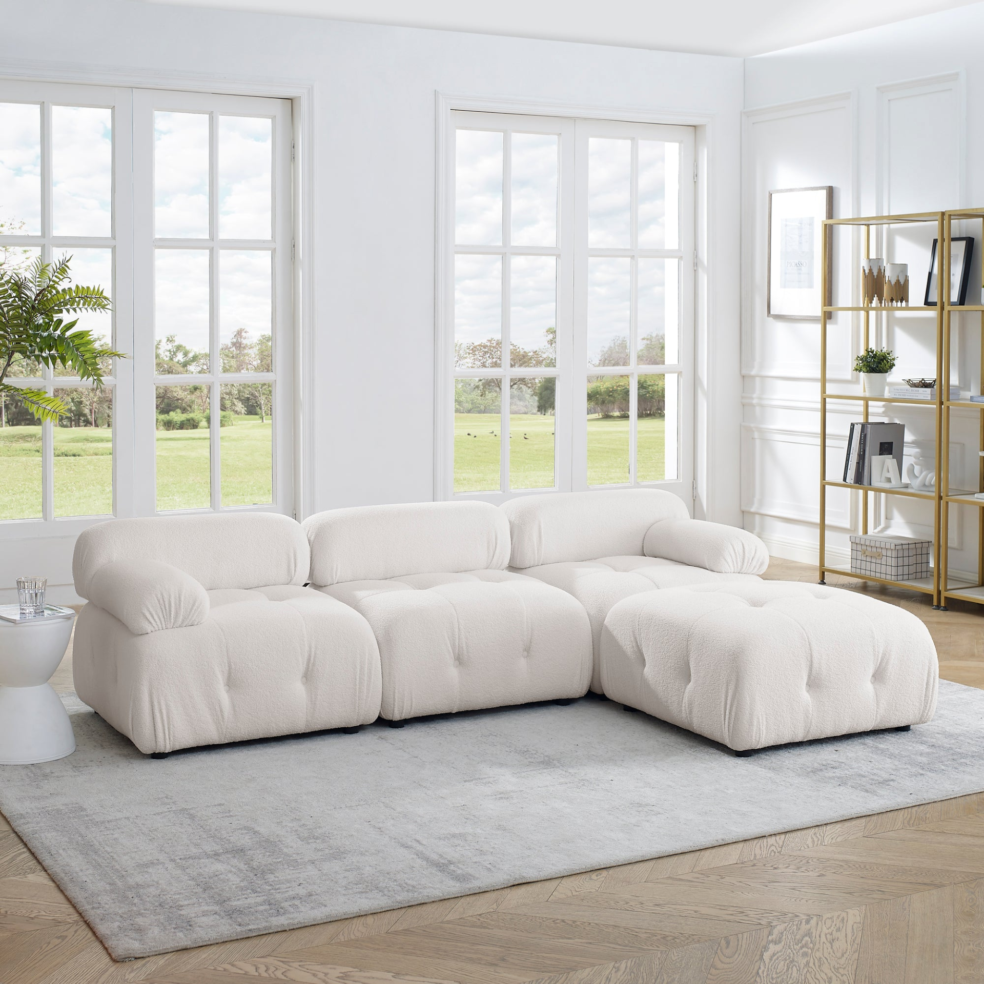 Modular Sectional Sofa | Button Tufted Design | L Shaped Couch with Reversible Ottoman - Ivory Teddy Fabric Sensual Secret Boutique