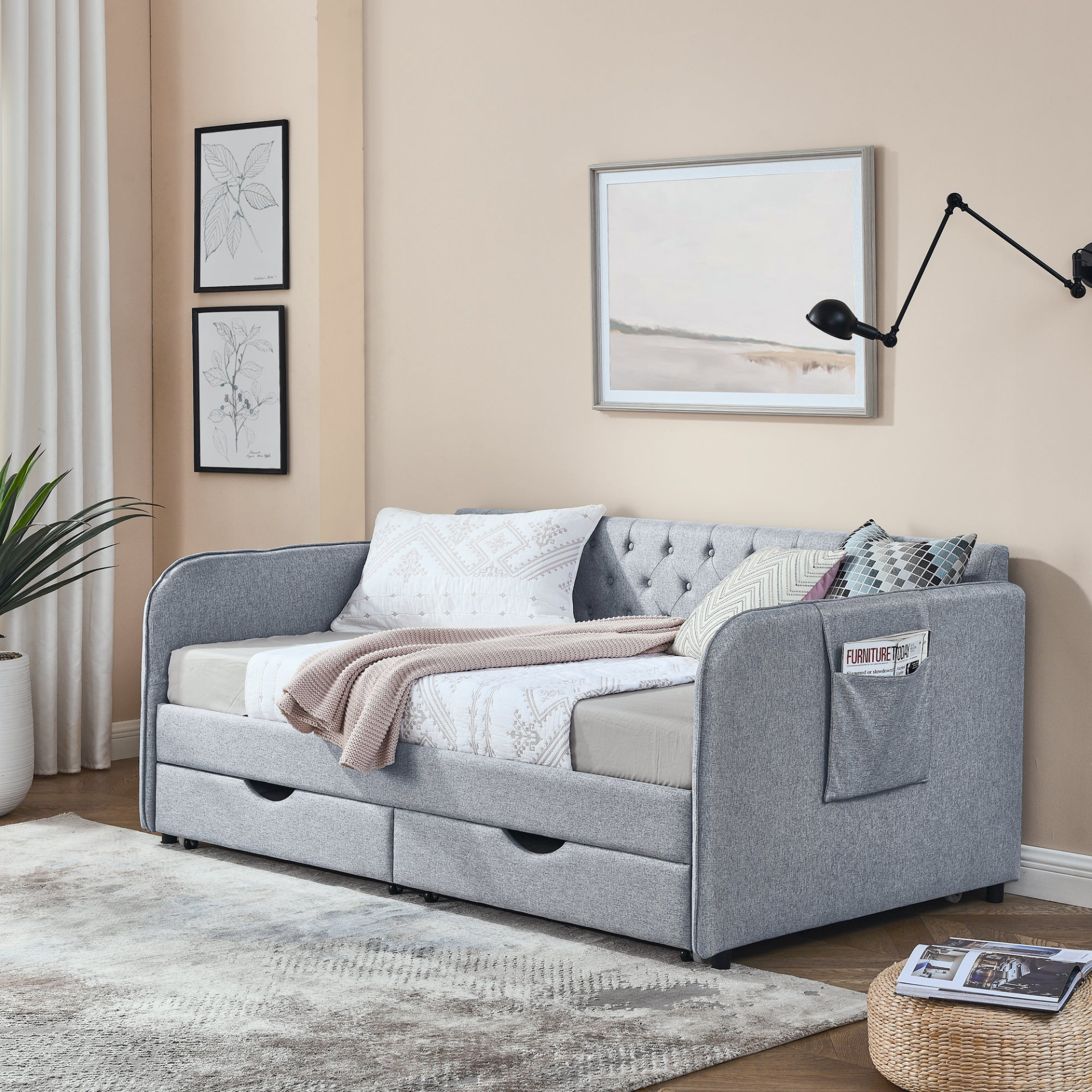 Twin Size Upholstery Daybed with Trundle Bed and Two Storage Drawers, Flat Arms with Pocket, Linen Grey Sensual Secret Boutique