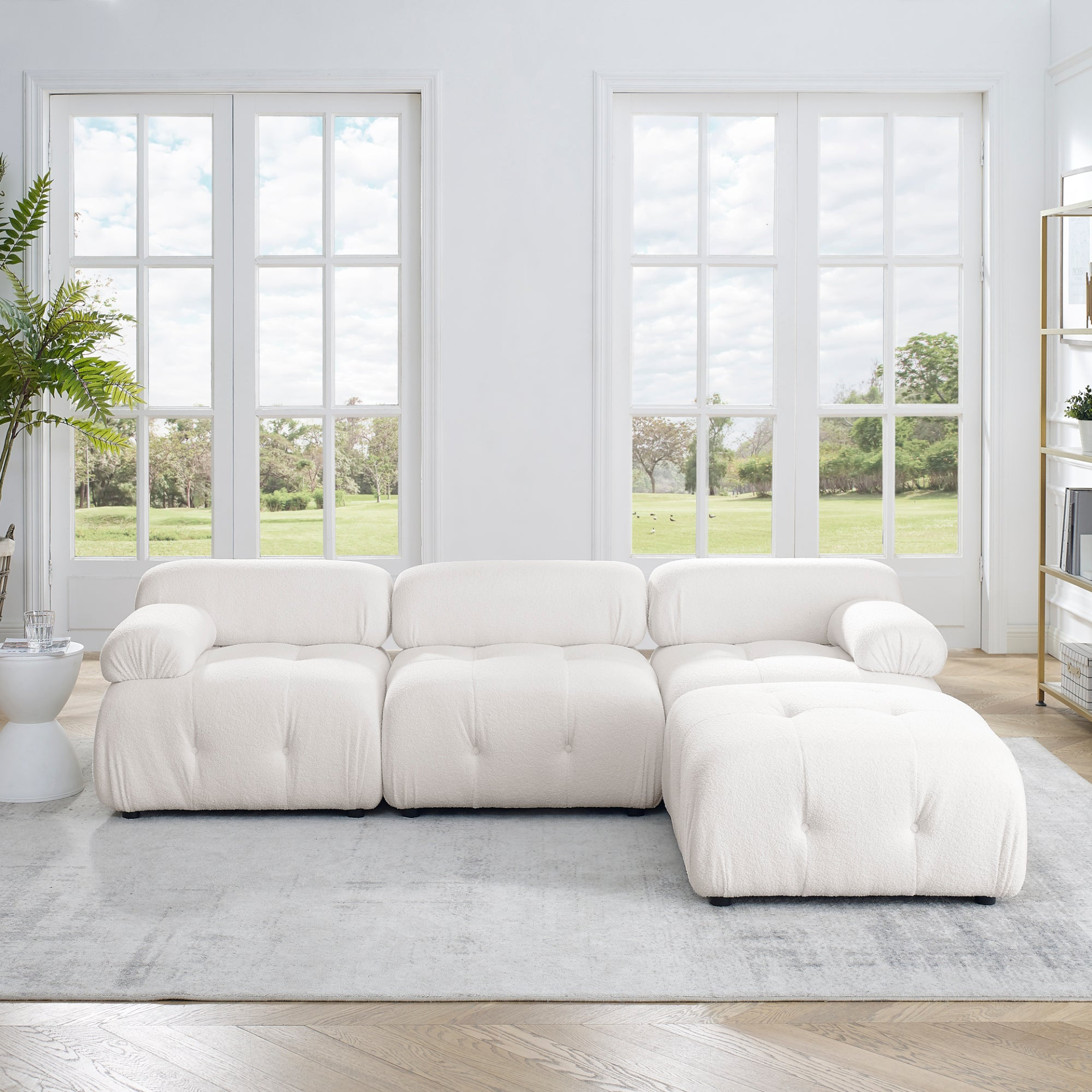 Modular Sectional Sofa | Button Tufted Design | L Shaped Couch with Reversible Ottoman - Ivory Teddy Fabric Sensual Secret Boutique