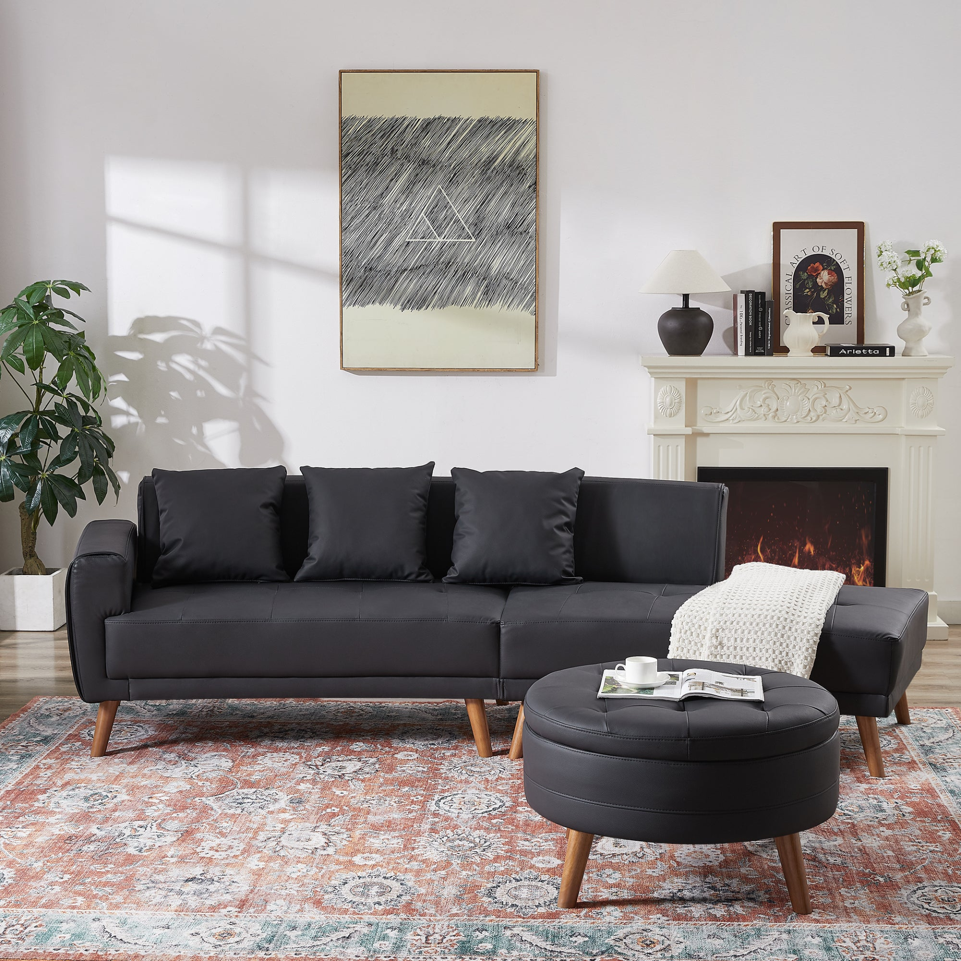 Upgrade Your Living Room with the 107" Contemporary Sofa - Stylish Sofa Couch with Round Storage Ottoman and Removable Pillows - Black Sensual Secret Boutique