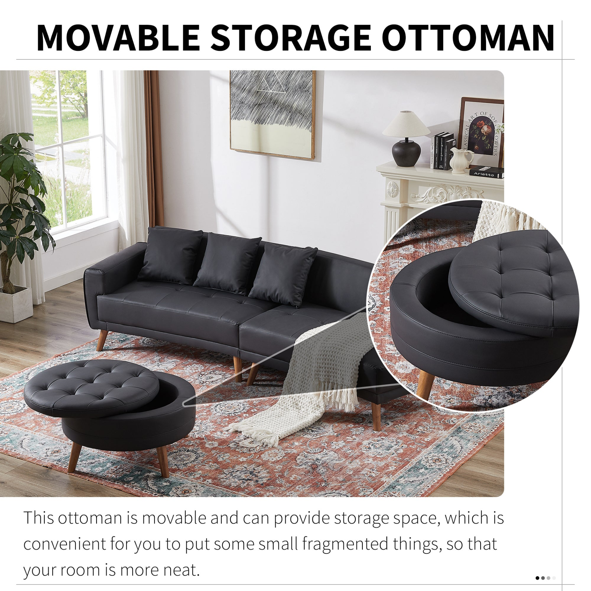 Upgrade Your Living Room with the 107" Contemporary Sofa - Stylish Sofa Couch with Round Storage Ottoman and Removable Pillows - Black Sensual Secret Boutique