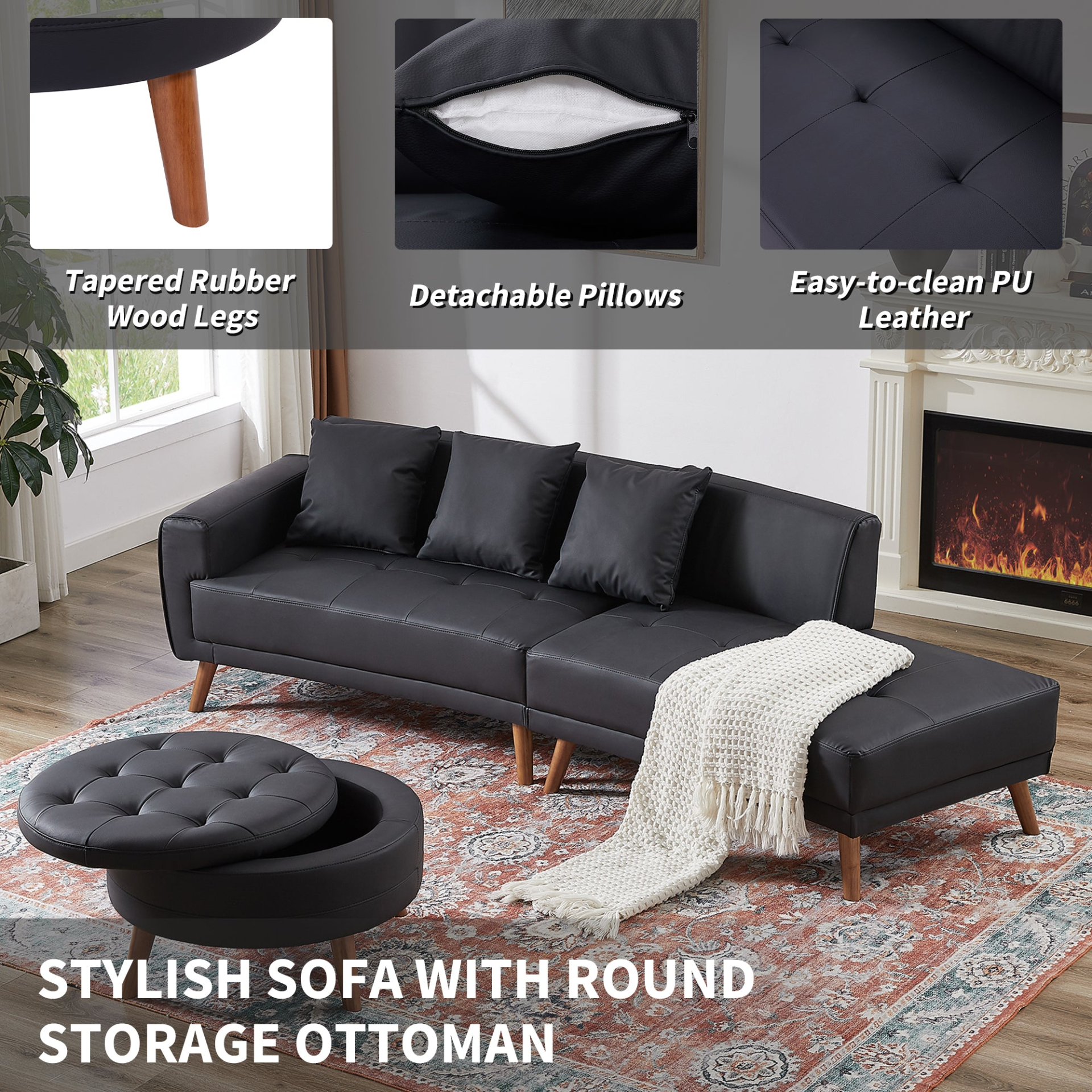 Upgrade Your Living Room with the 107" Contemporary Sofa - Stylish Sofa Couch with Round Storage Ottoman and Removable Pillows - Black Sensual Secret Boutique