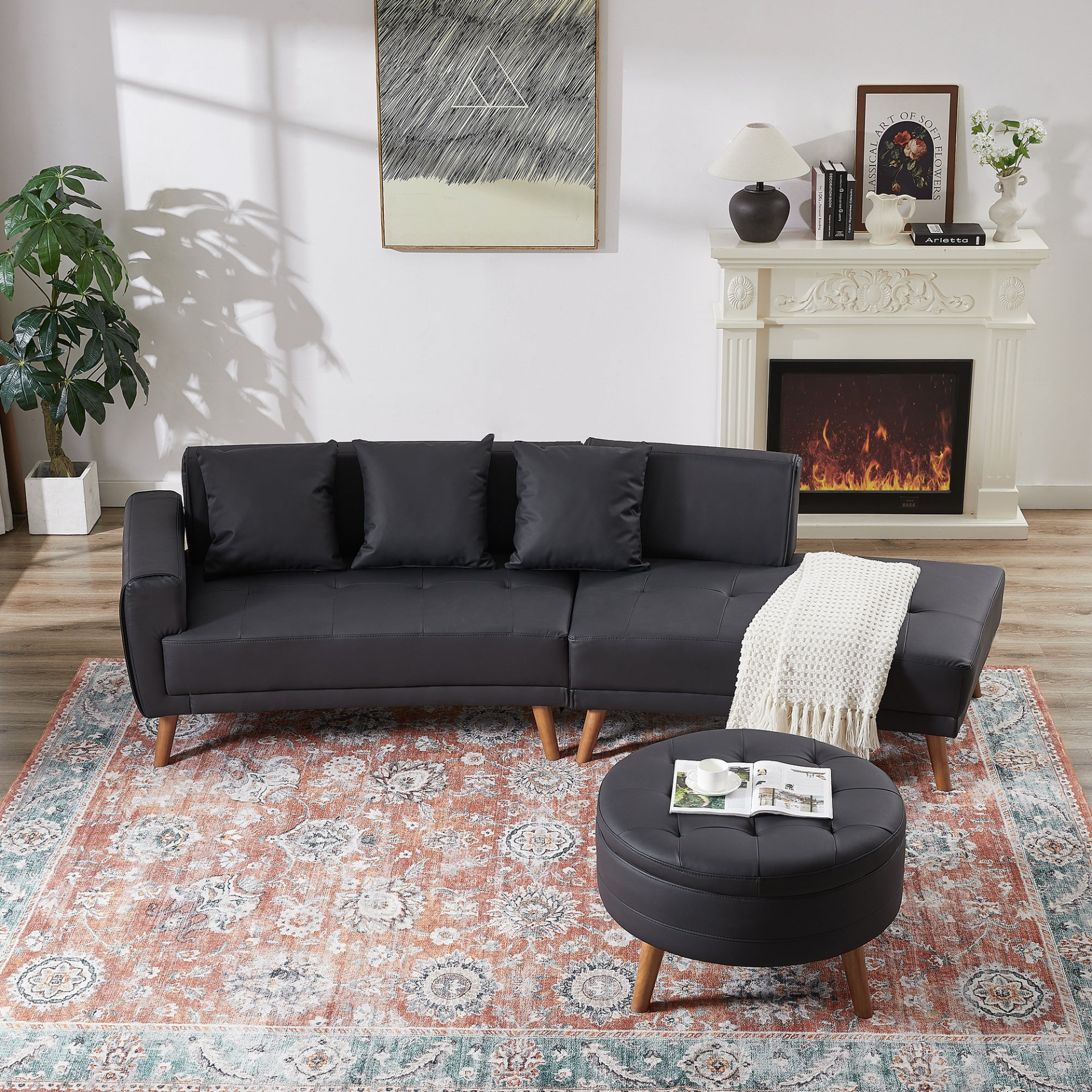 Upgrade Your Living Room with the 107" Contemporary Sofa - Stylish Sofa Couch with Round Storage Ottoman and Removable Pillows - Black Sensual Secret Boutique