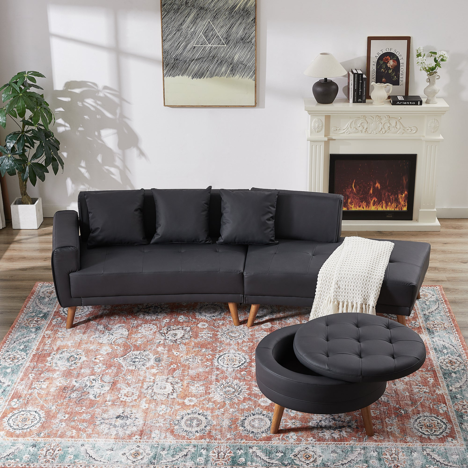 Upgrade Your Living Room with the 107" Contemporary Sofa - Stylish Sofa Couch with Round Storage Ottoman and Removable Pillows - Black Sensual Secret Boutique