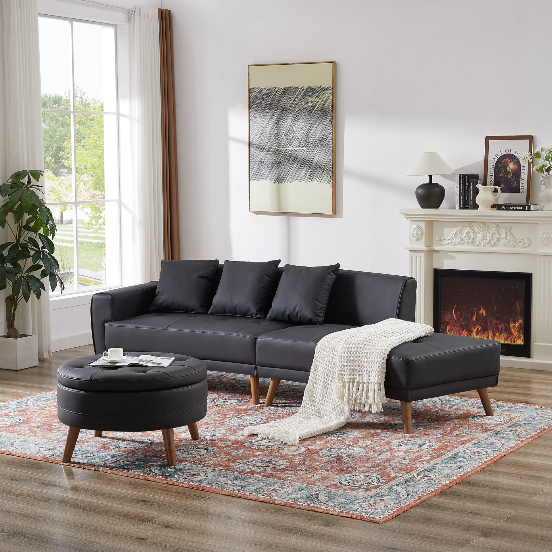 Upgrade Your Living Room with the 107" Contemporary Sofa - Stylish Sofa Couch with Round Storage Ottoman and Removable Pillows - Black Sensual Secret Boutique