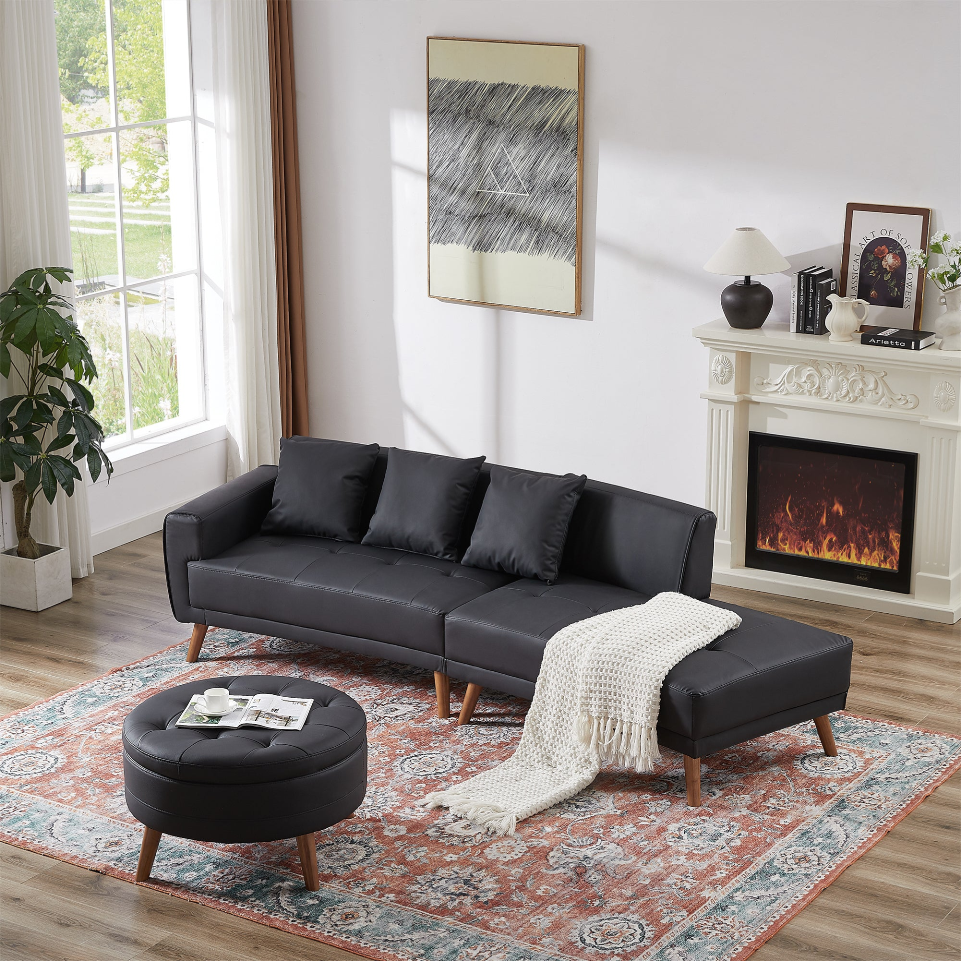 Upgrade Your Living Room with the 107" Contemporary Sofa - Stylish Sofa Couch with Round Storage Ottoman and Removable Pillows - Black Sensual Secret Boutique