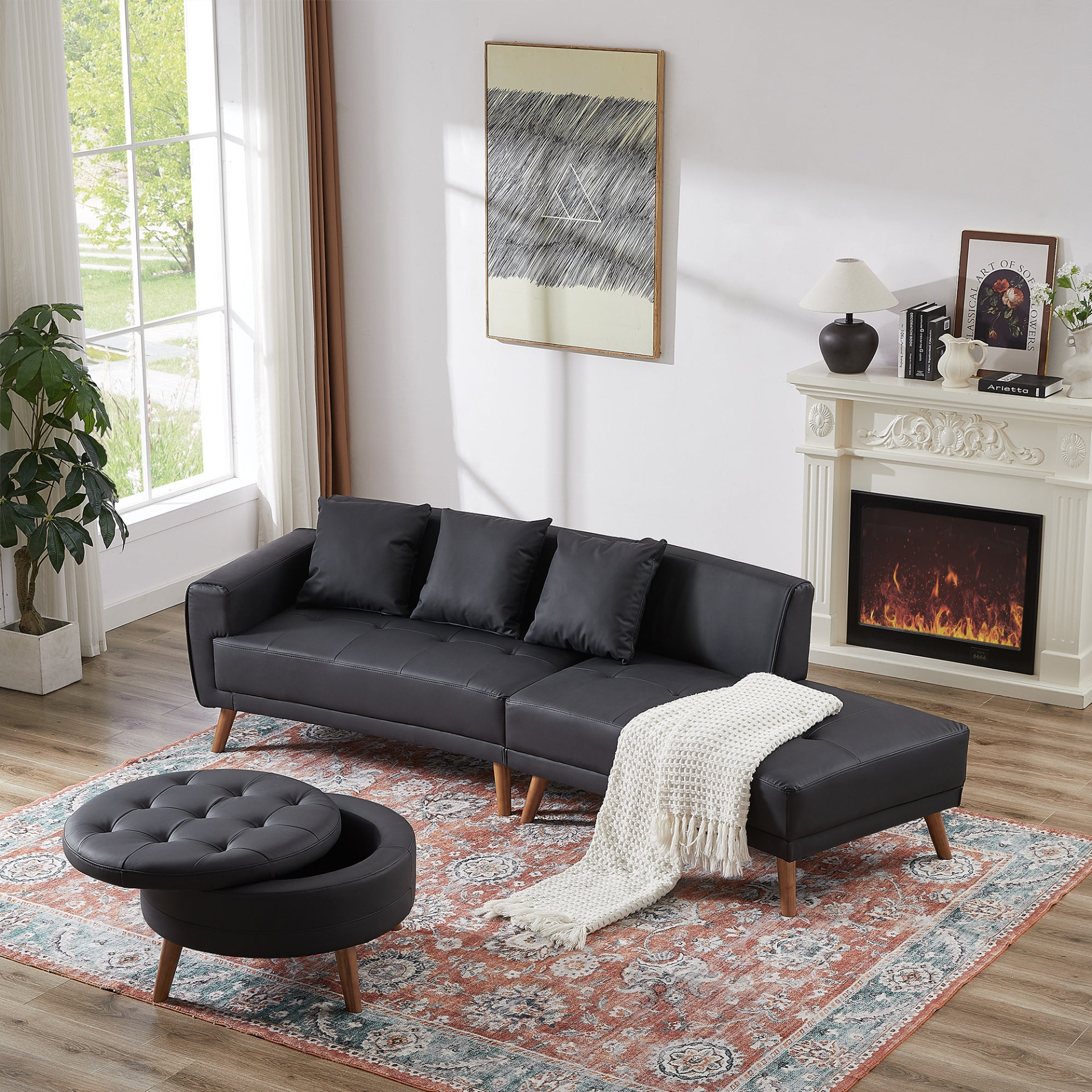 Upgrade Your Living Room with the 107" Contemporary Sofa - Stylish Sofa Couch with Round Storage Ottoman and Removable Pillows - Black Sensual Secret Boutique