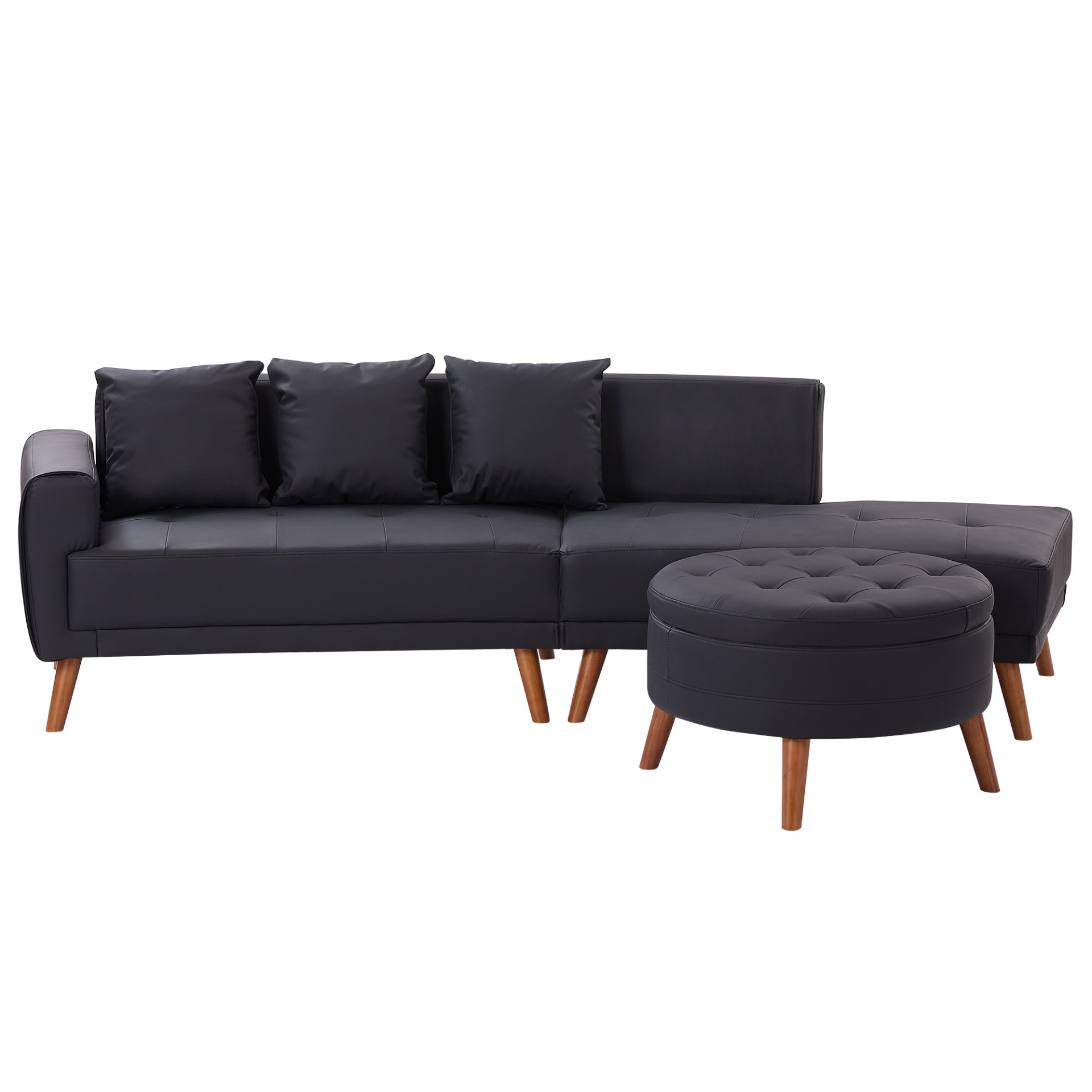 Upgrade Your Living Room with the 107" Contemporary Sofa - Stylish Sofa Couch with Round Storage Ottoman and Removable Pillows - Black Sensual Secret Boutique