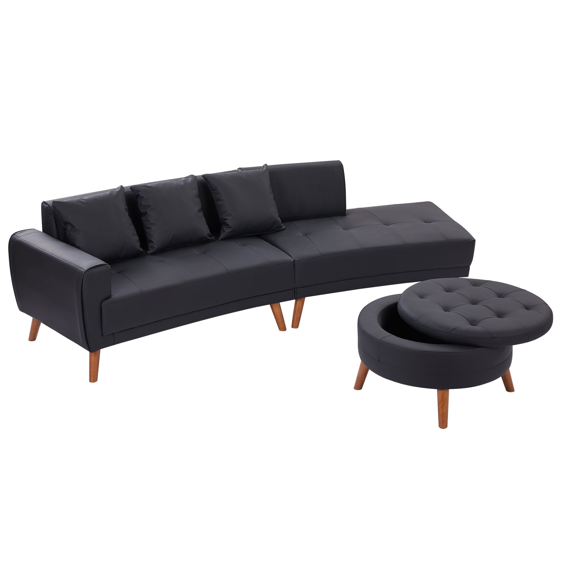 Upgrade Your Living Room with the 107" Contemporary Sofa - Stylish Sofa Couch with Round Storage Ottoman and Removable Pillows - Black Sensual Secret Boutique