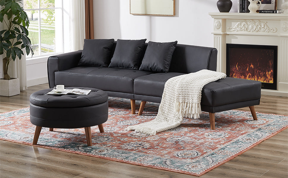 Upgrade Your Living Room with the 107" Contemporary Sofa - Stylish Sofa Couch with Round Storage Ottoman and Removable Pillows - Black Sensual Secret Boutique