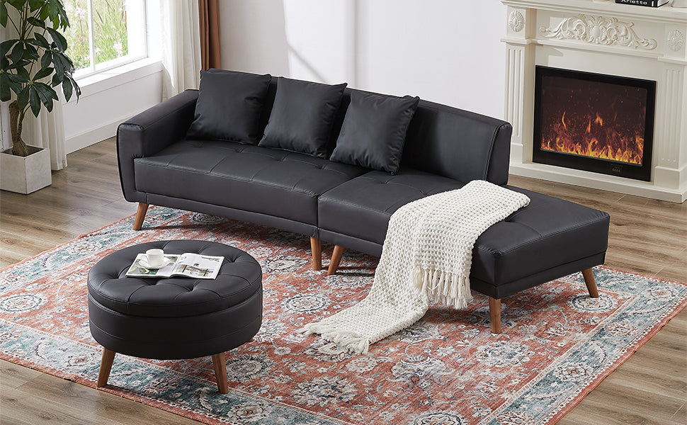 Upgrade Your Living Room with the 107" Contemporary Sofa - Stylish Sofa Couch with Round Storage Ottoman and Removable Pillows - Black Sensual Secret Boutique