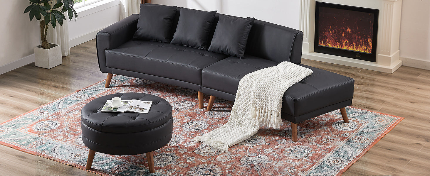 Upgrade Your Living Room with the 107" Contemporary Sofa - Stylish Sofa Couch with Round Storage Ottoman and Removable Pillows - Black Sensual Secret Boutique