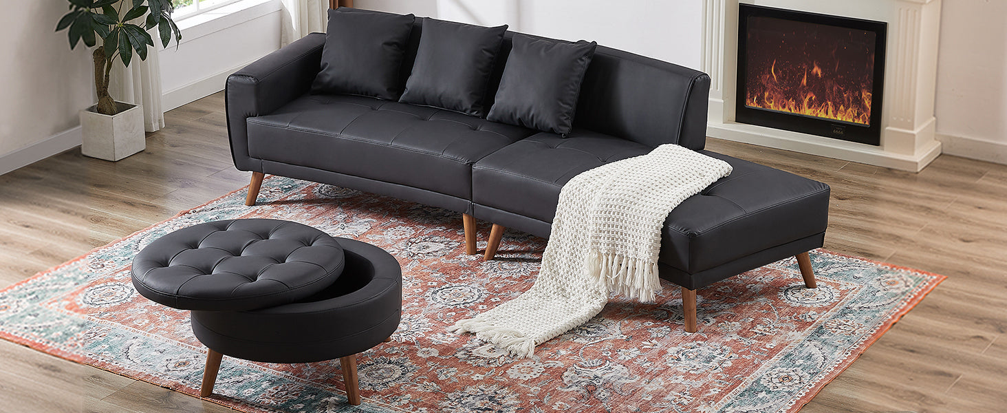 Upgrade Your Living Room with the 107" Contemporary Sofa - Stylish Sofa Couch with Round Storage Ottoman and Removable Pillows - Black Sensual Secret Boutique