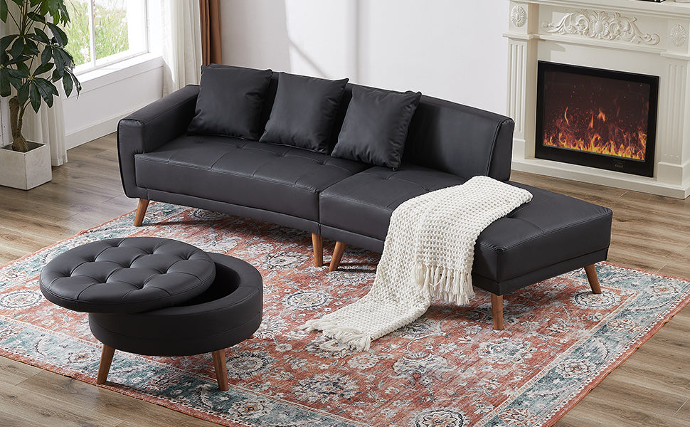 Upgrade Your Living Room with the 107" Contemporary Sofa - Stylish Sofa Couch with Round Storage Ottoman and Removable Pillows - Black Sensual Secret Boutique