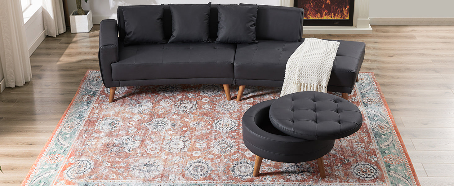 Upgrade Your Living Room with the 107" Contemporary Sofa - Stylish Sofa Couch with Round Storage Ottoman and Removable Pillows - Black Sensual Secret Boutique