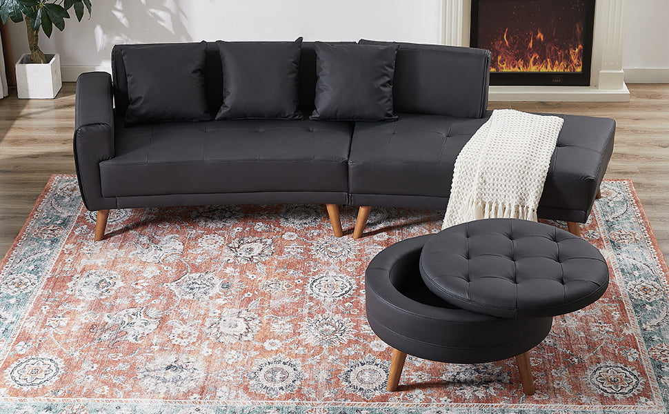 Upgrade Your Living Room with the 107" Contemporary Sofa - Stylish Sofa Couch with Round Storage Ottoman and Removable Pillows - Black Sensual Secret Boutique