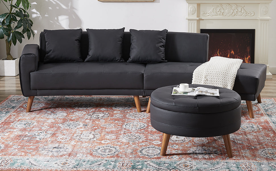 Upgrade Your Living Room with the 107" Contemporary Sofa - Stylish Sofa Couch with Round Storage Ottoman and Removable Pillows - Black Sensual Secret Boutique