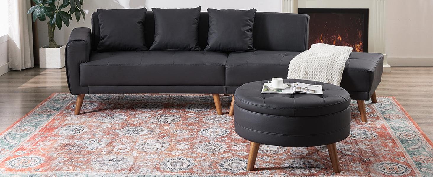 Upgrade Your Living Room with the 107" Contemporary Sofa - Stylish Sofa Couch with Round Storage Ottoman and Removable Pillows - Black Sensual Secret Boutique